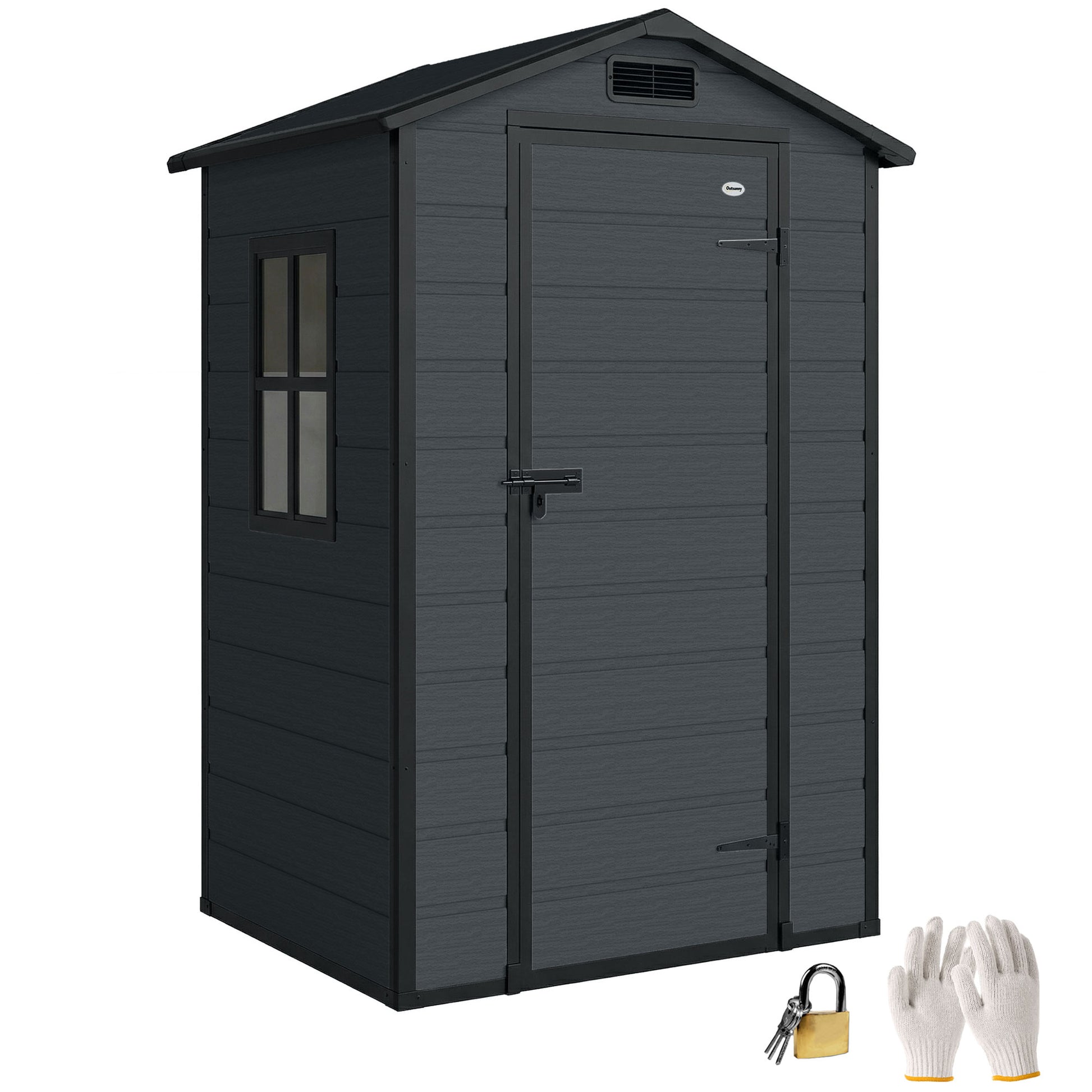 Outsunny Caseta de Jardín Exterior 1,09 m², 128x104x196 cm, Cobertizo de Jardín Exterior de Plástico con Suelo, Puerta con Cerradura, Ventana y Ventilación para Almacenaje de Herramientas, Gris Oscuro