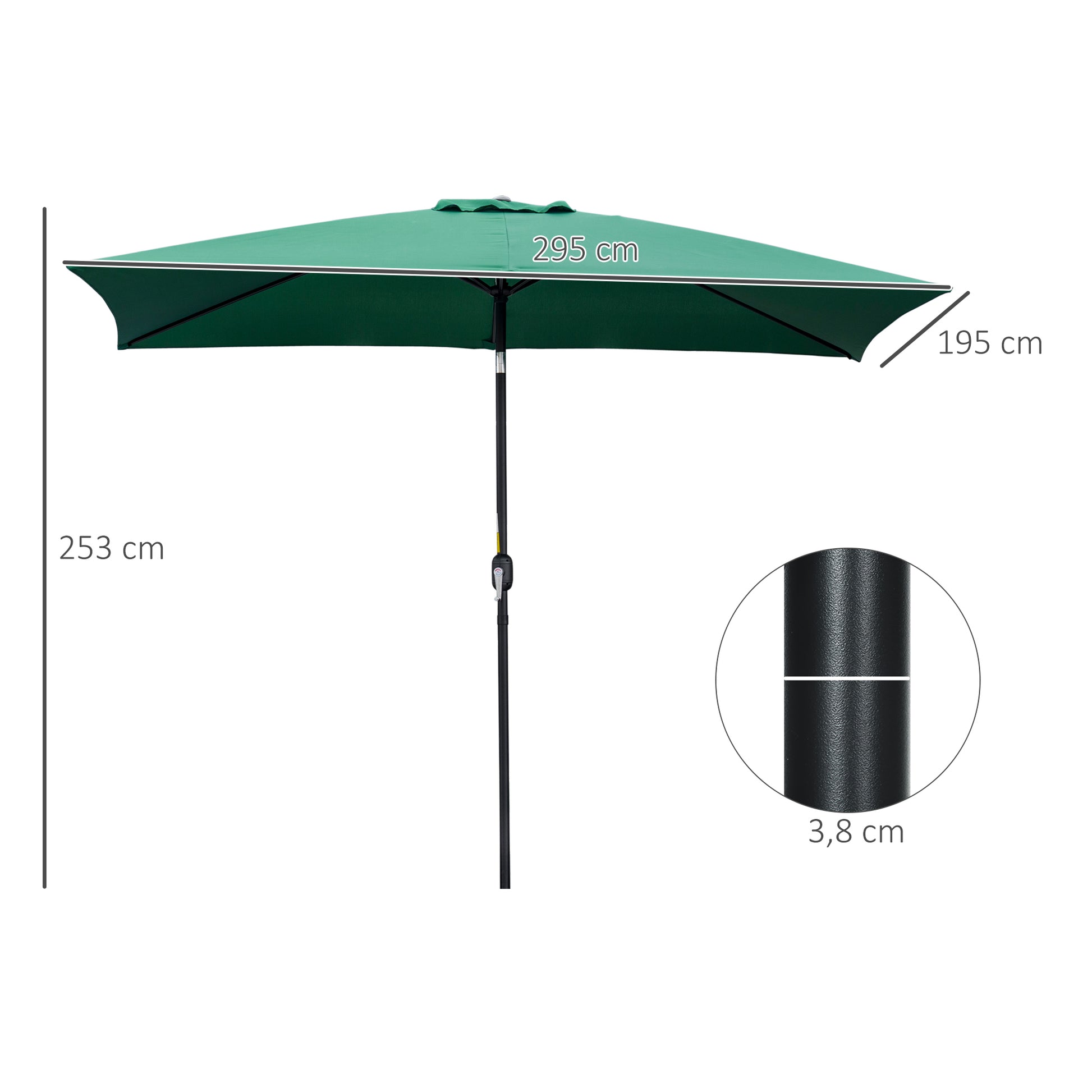 Outsunny Sombrilla de Aluminio 195x295x253 cm Parasol Rectangular de Jardín Inclinable con Manivela y Poste Desmontable para Terraza Piscina Patio Exterior Verde