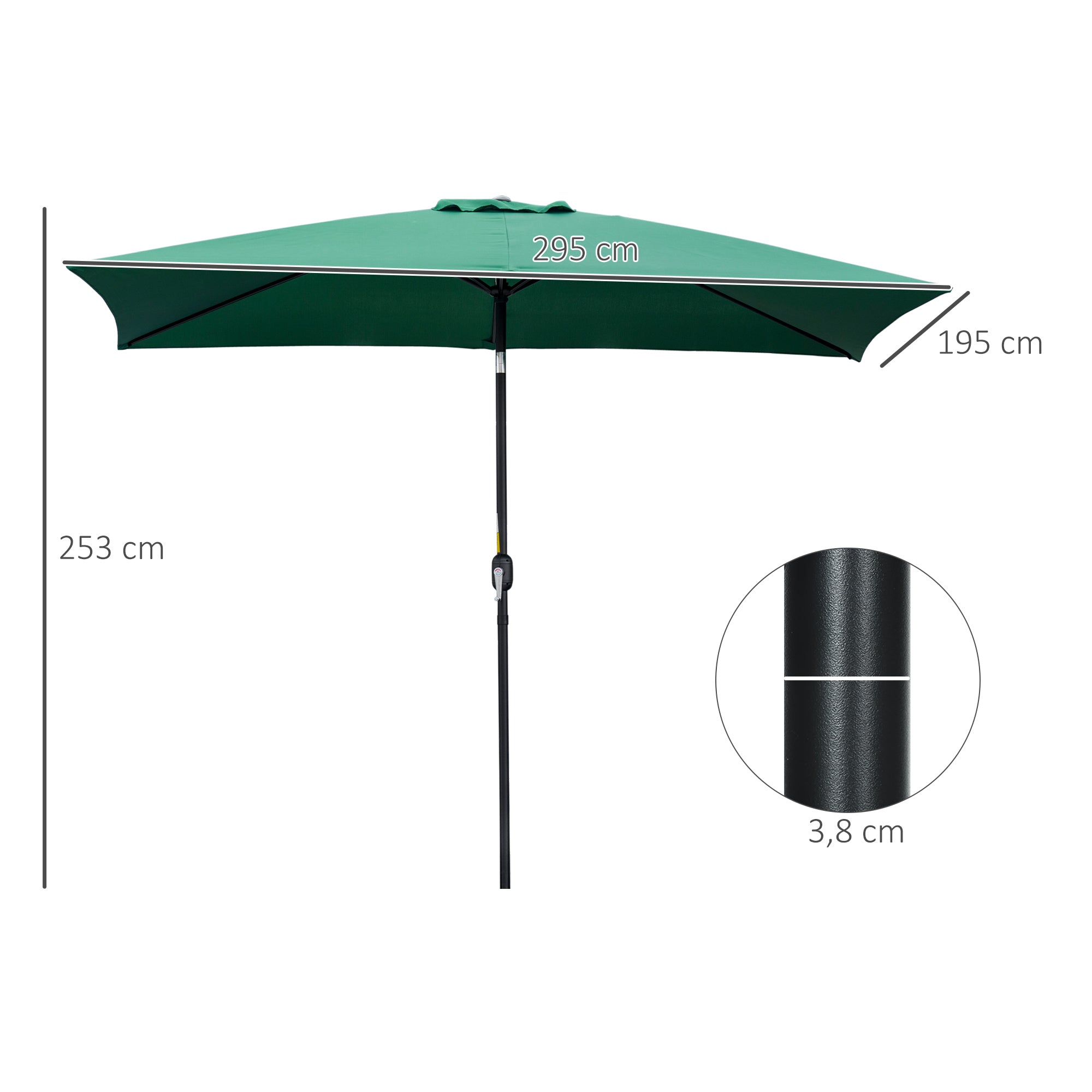 Outsunny Sombrilla de Aluminio 195x295x253 cm Parasol Rectangular de Jardín Inclinable con Manivela y Poste Desmontable para Terraza Piscina Patio Exterior Verde