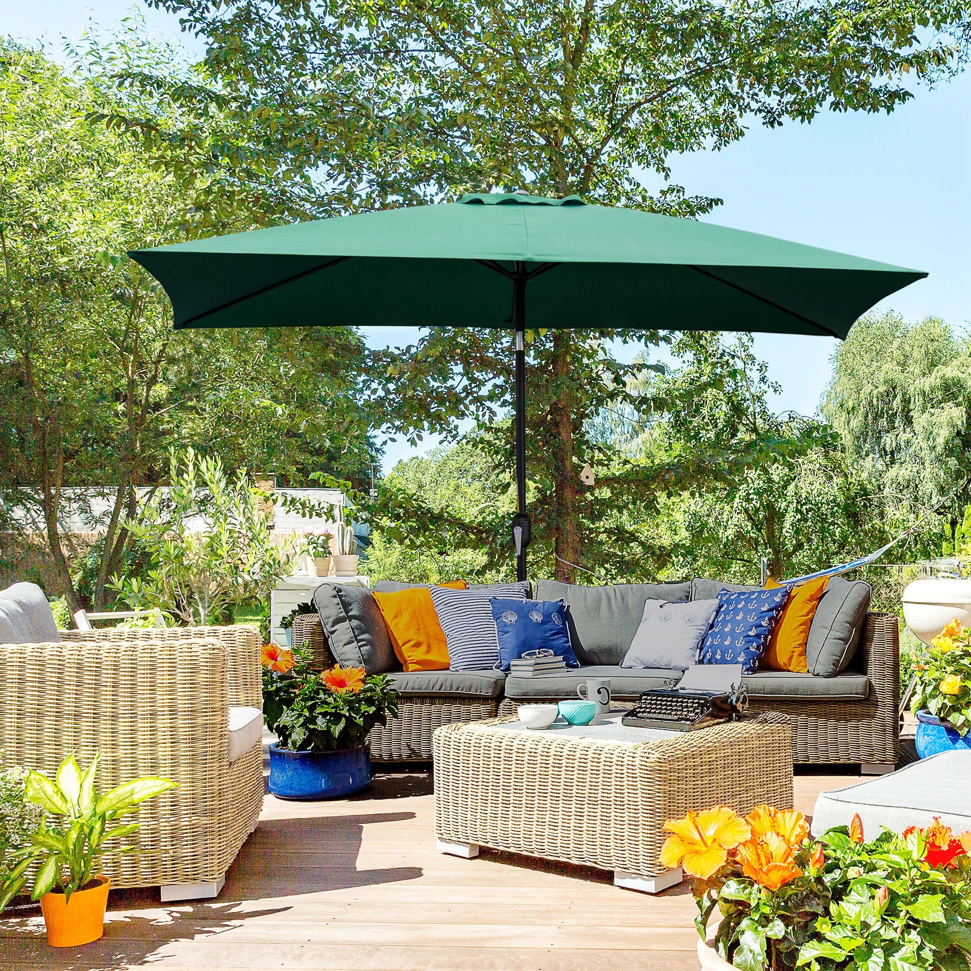 Outsunny Sombrilla de Aluminio 195x295x253 cm Parasol Rectangular de Jardín Inclinable con Manivela y Poste Desmontable para Terraza Piscina Patio Exterior Verde