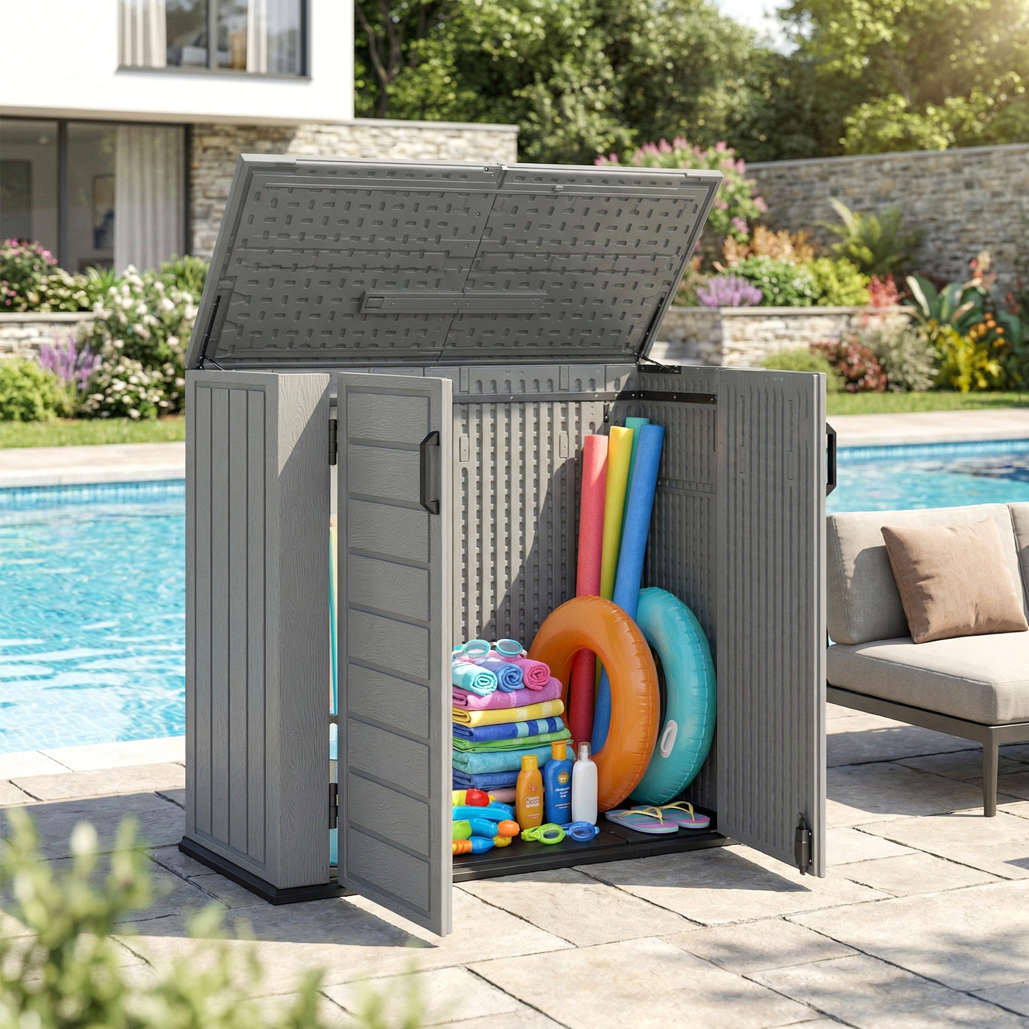 Outsunny Armario de Exterior de HDPE, 940L, Caseta de Jardín Exterior con Tapa Abatible, 2 Puertas, Cerradura, Cobertizo de Jardín para Almacenaje Herramientas, 142x67x119 cm, Gris Claro