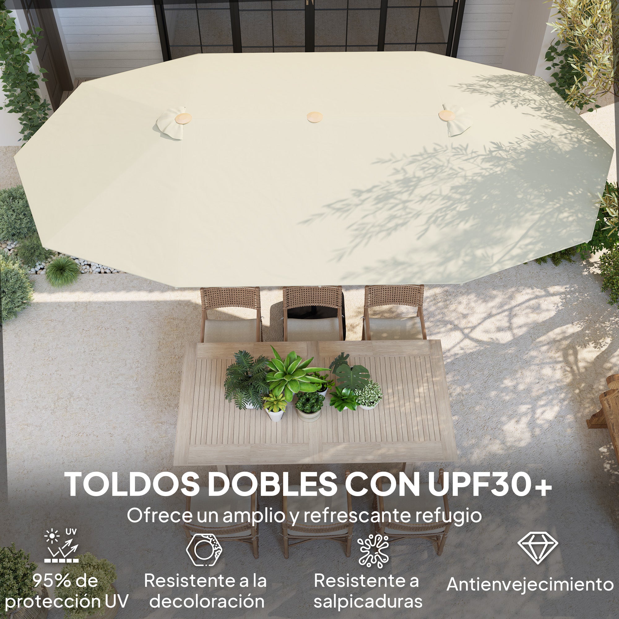 Outsunny Sombrilla Doble 4,55x2,65 m Sombrilla Terraza Exterior con Manivela Manual Resistente al Agua y Protección Solar Sombrilla Grande para Terraza Playa Piscina Beige