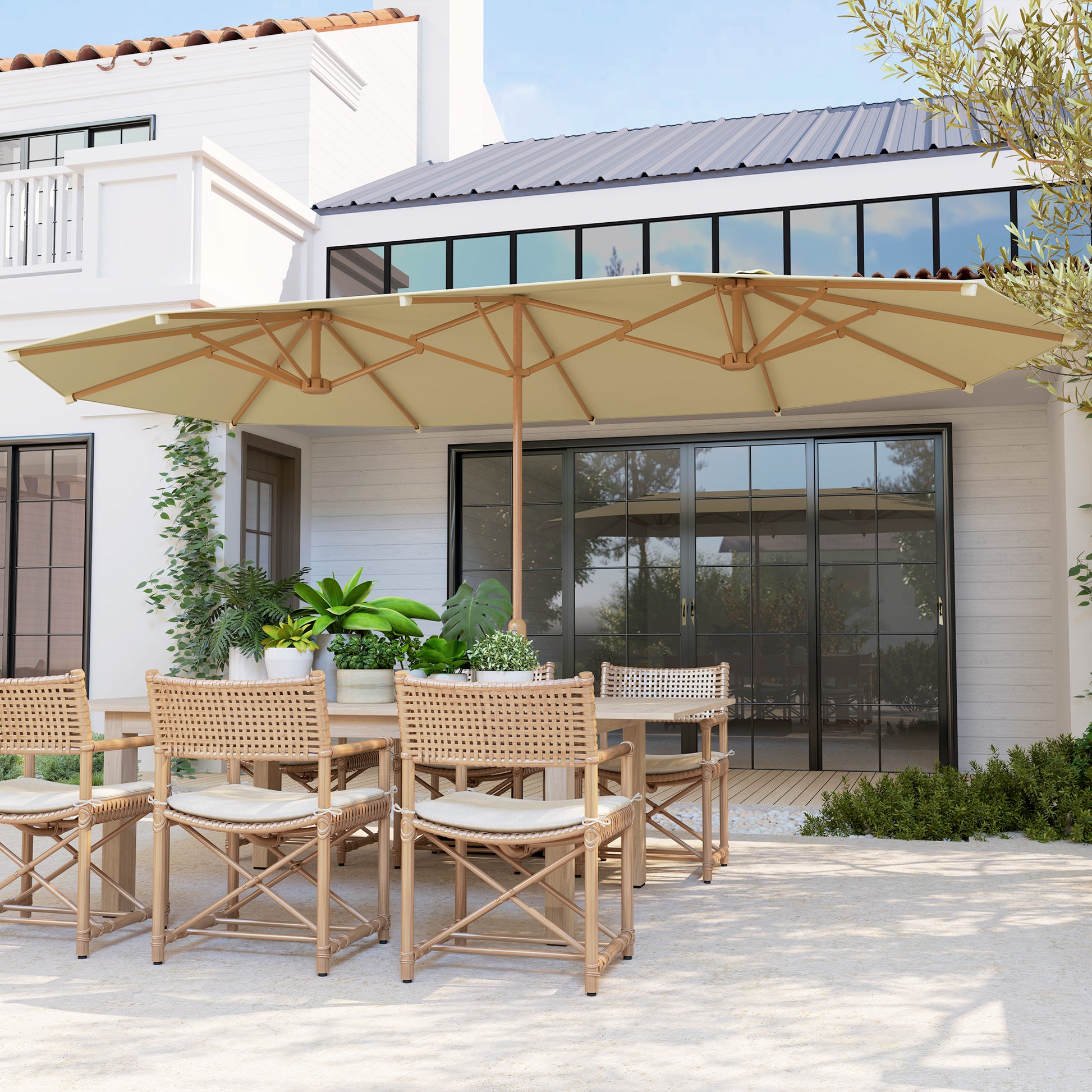 Outsunny Sombrilla Doble 4,55x2,65 m Sombrilla Terraza Exterior con Manivela Manual Resistente al Agua y Protección Solar Sombrilla Grande para Terraza Playa Piscina Beige