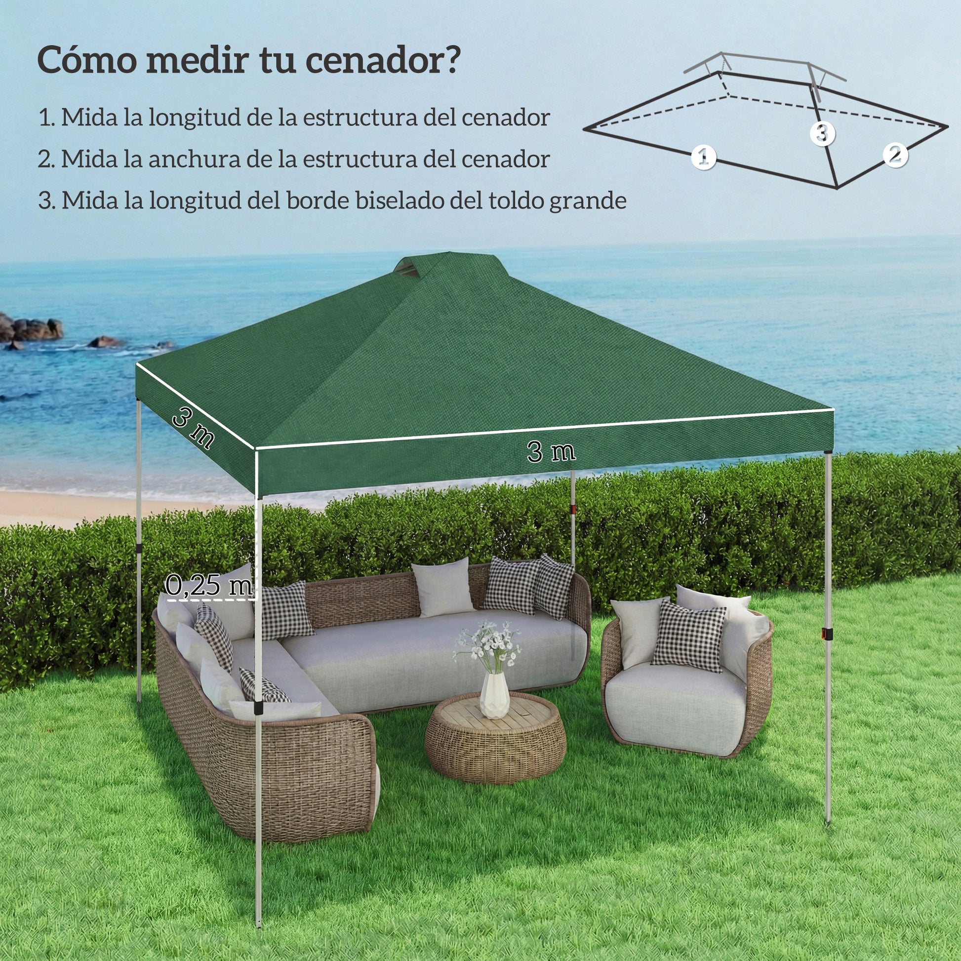 Outsunny Toldo de Pérgola de Recambio 3x3 m Techo de Repuesto para Carpa Plegable de Jardín de Tela Oxford 210D con 8 Orificios de Drenaje y Doble Ventilación Protección UV 50+ SOLO TOLDO Verde