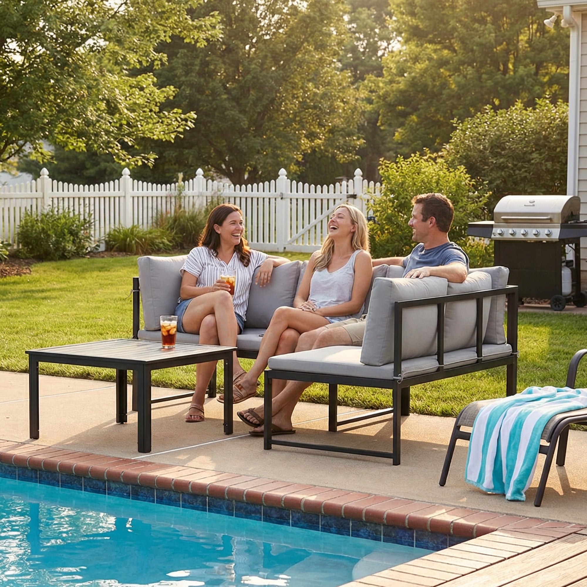 Outsunny Conjunto de Muebles Jardín Exterior de 3 Piezas, Sofá Exterior Seccional Resistente Forma de L con Cojines, 2 Sofás de 2 Plazas, Reposabrazos Ajustables y Mesa Centro de Listones, Gris