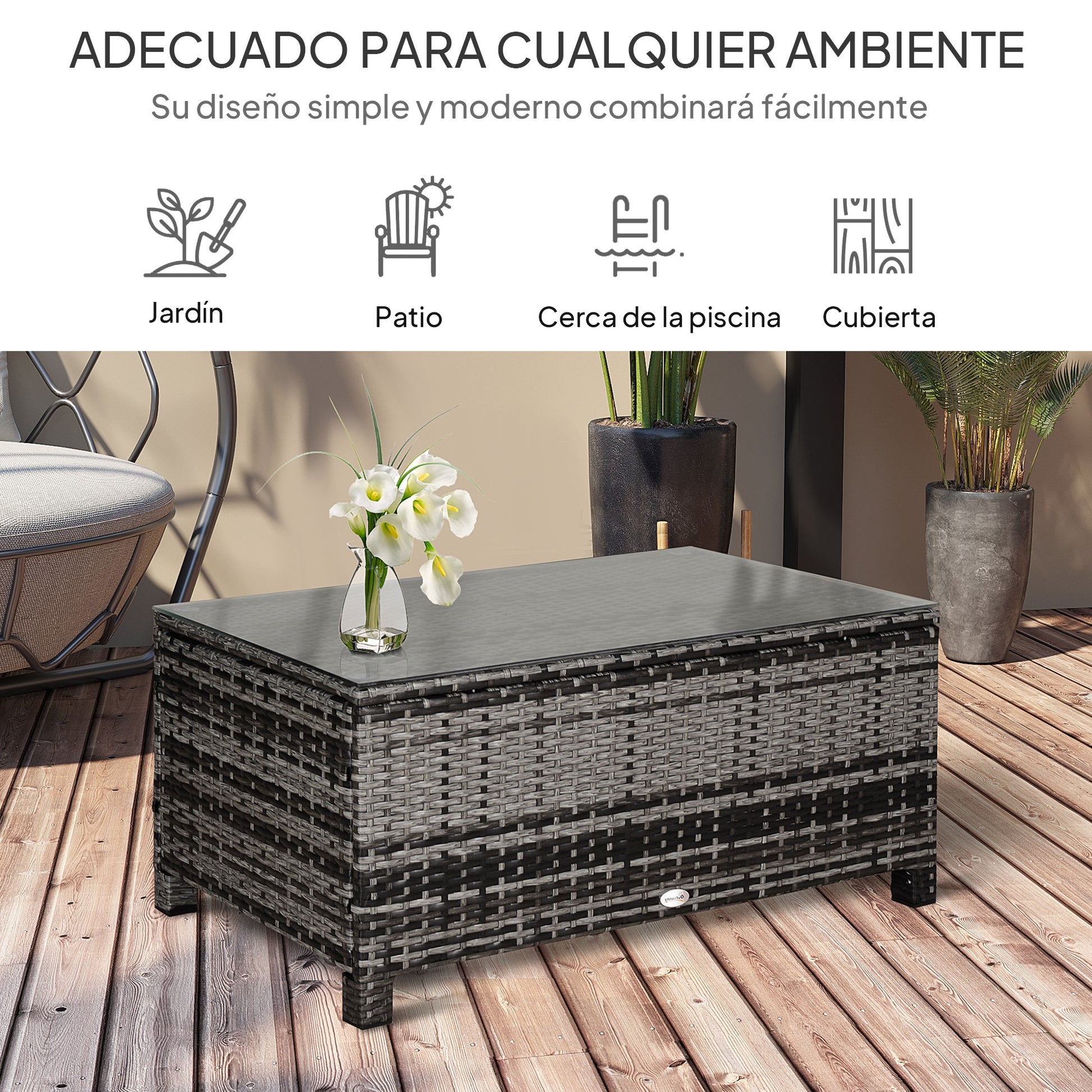 Outsunny Mesa de Jardín de Ratán Sintético Mesita Auxiliar con Vidrio Templado para Terraza Patio Balcón 85x50x39 cm Gris