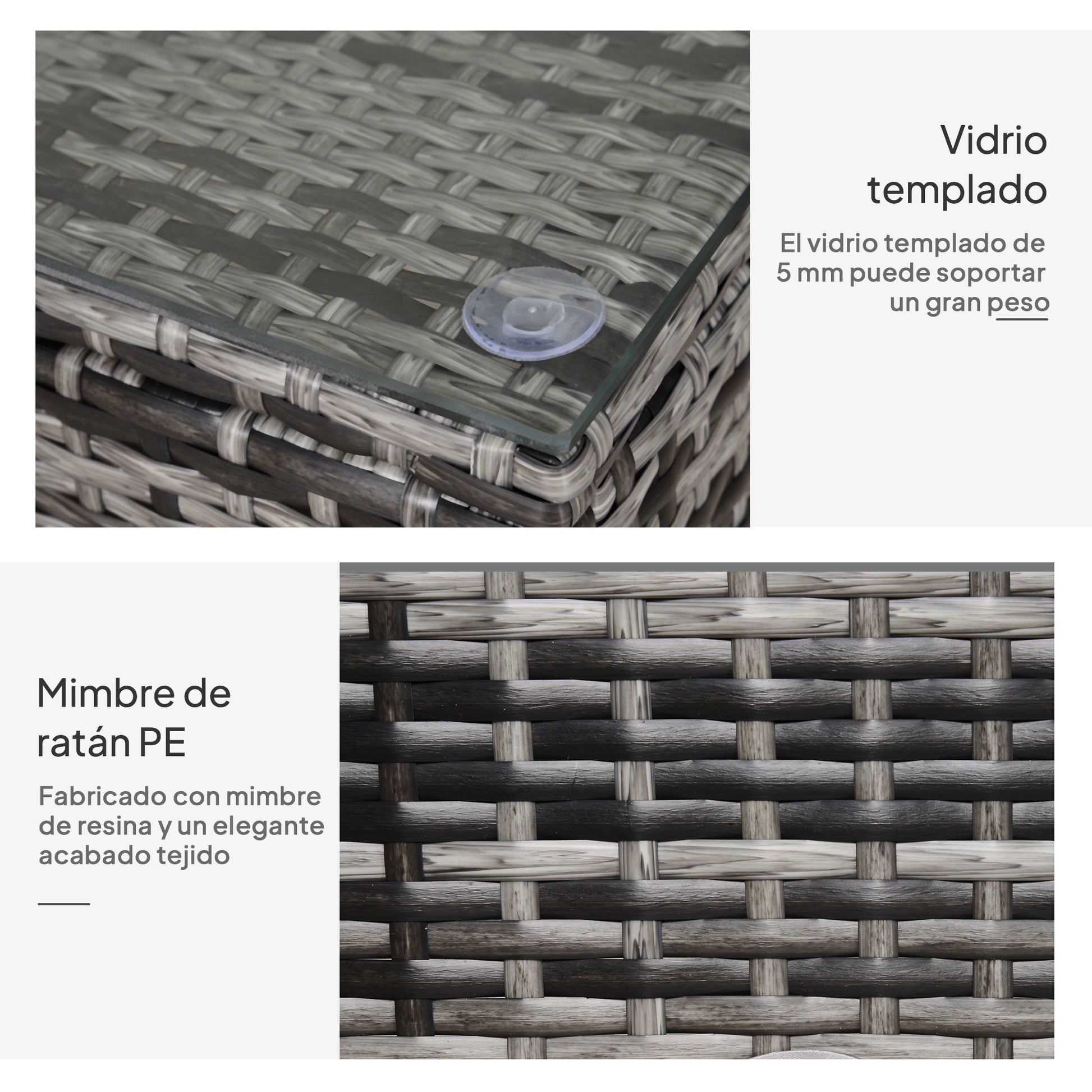 Outsunny Mesa de Jardín de Ratán Sintético Mesita Auxiliar con Vidrio Templado para Terraza Patio Balcón 85x50x39 cm Gris
