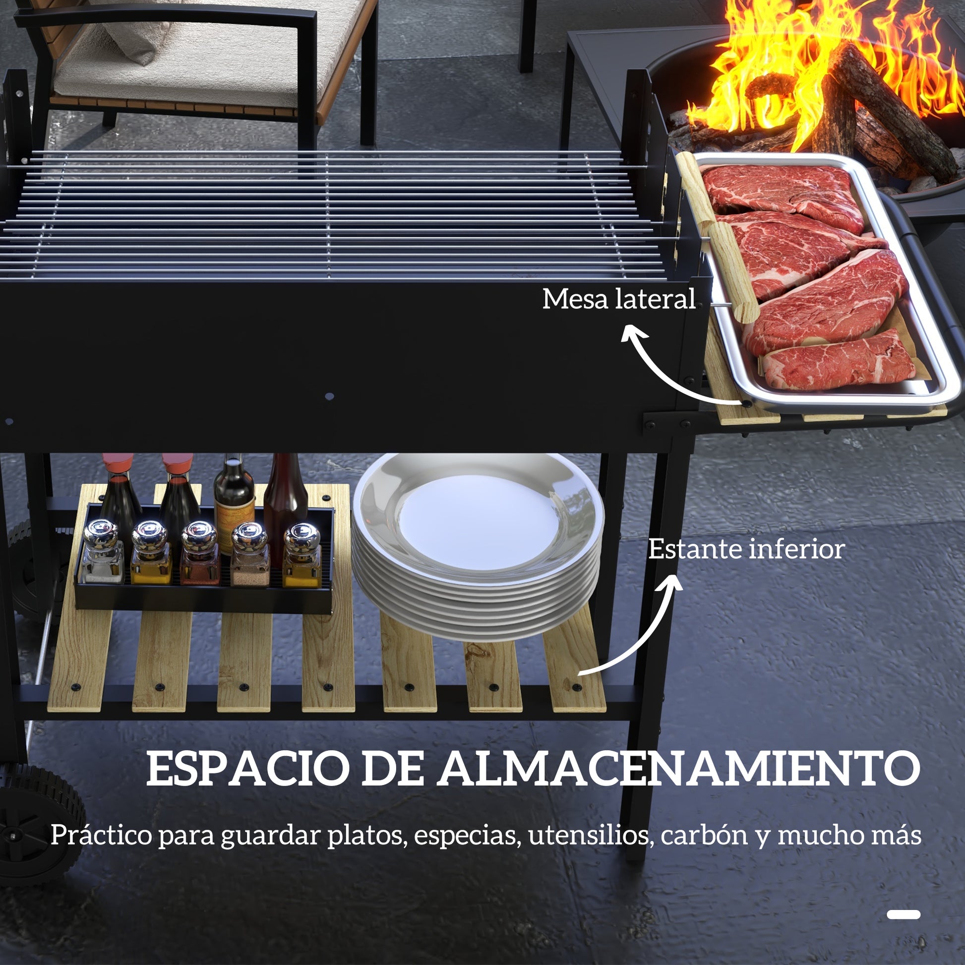 Outsunny Barbacoa de Carbón, Barbacoa Portátil, 113x53,5x82,5 cm, con 2 Parrillas Alturas Ajustables, Mesa Lateral, Estante y Ruedas, para Jardín o Fiesta al Aire Libre, Negro