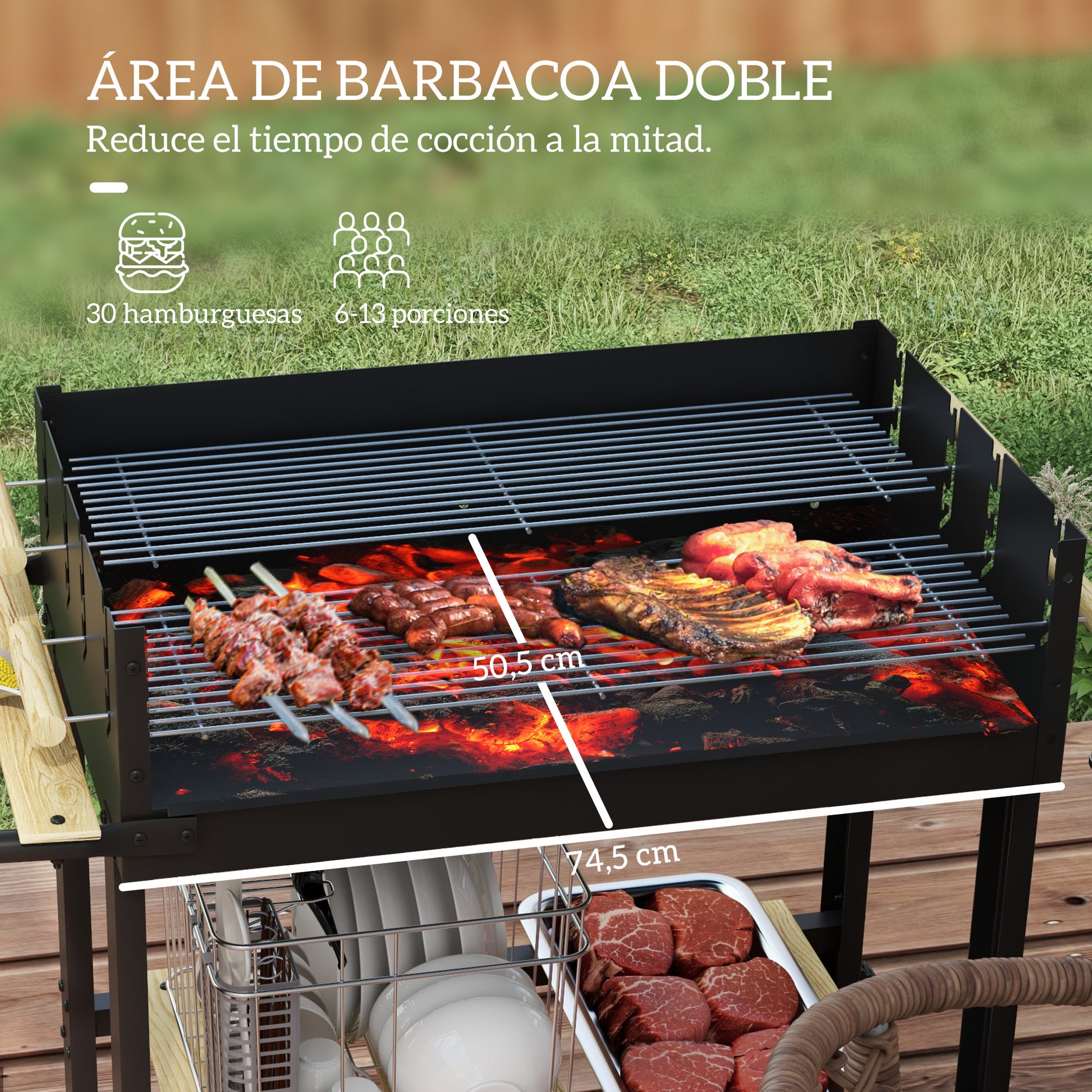Outsunny Barbacoa de Carbón, Barbacoa Portátil, 113x53,5x82,5 cm, con 2 Parrillas Alturas Ajustables, Mesa Lateral, Estante y Ruedas, para Jardín o Fiesta al Aire Libre, Negro