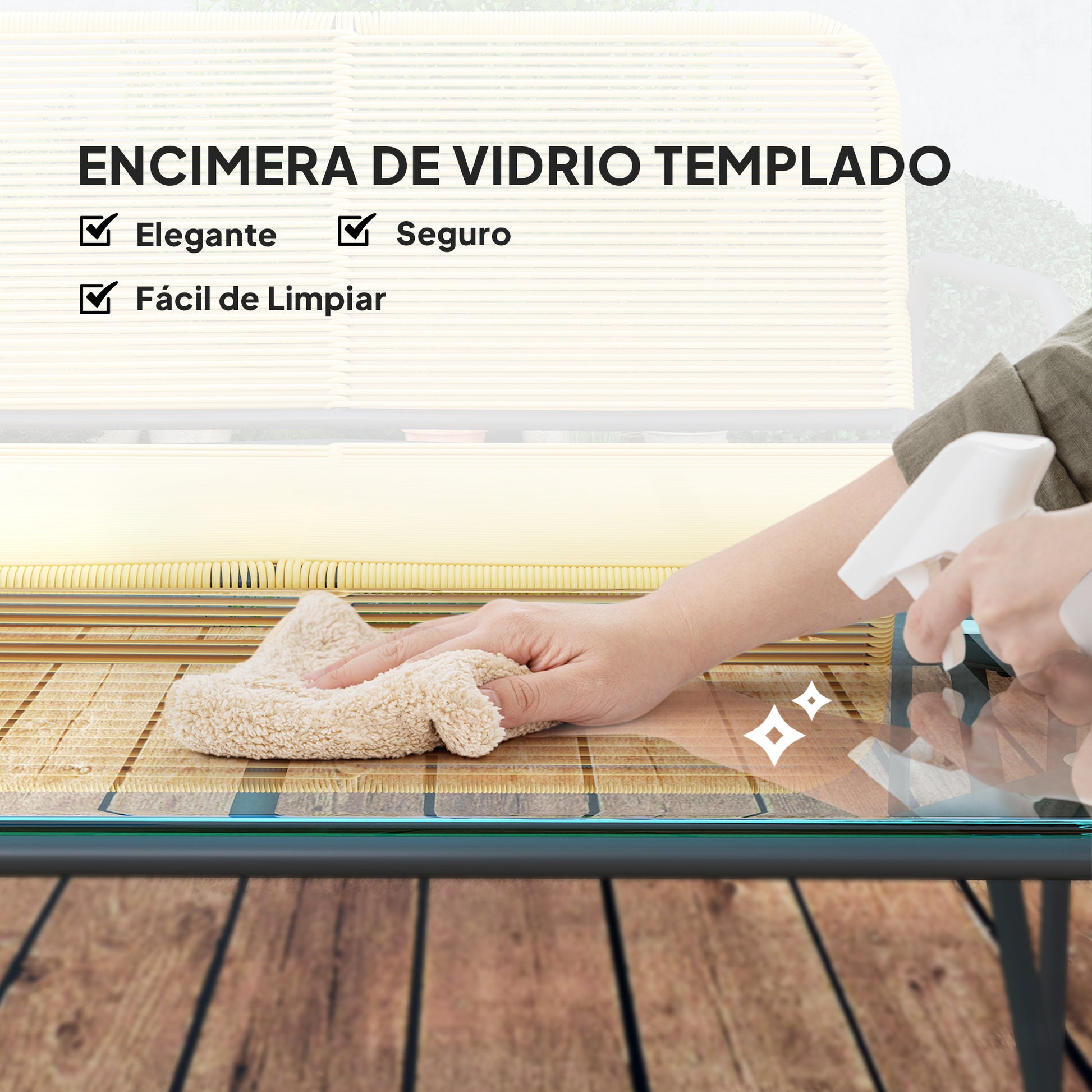 Outsunny Conjunto Jardín Exterior de Ratán Conjunto Terraza Resistente a la Intemperie Muebles Jardín Exterior con 2 Sillones Sofá de 2 Plazas y Mesa de Tablero de Vidrio Templado Natural
