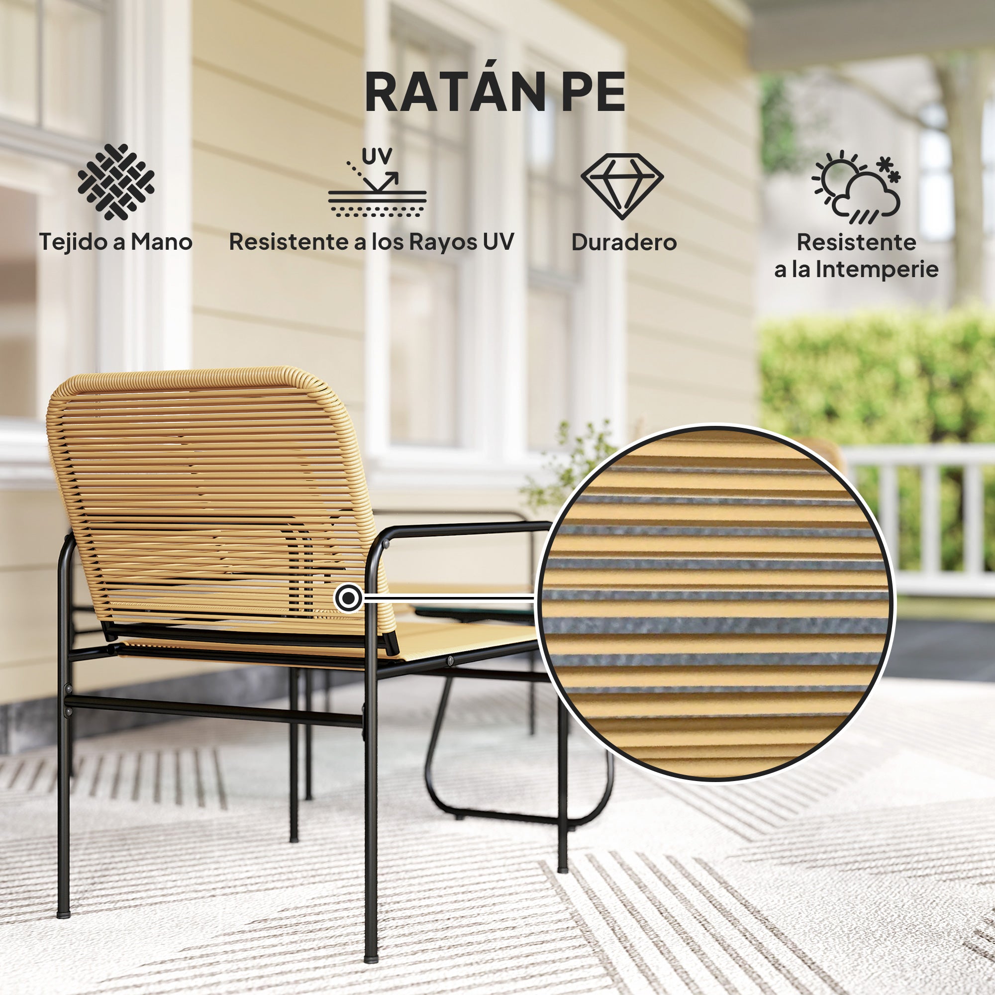 Outsunny Conjunto Jardín Exterior de Ratán Conjunto Terraza Resistente a la Intemperie Muebles Jardín Exterior con 2 Sillones Sofá de 2 Plazas y Mesa de Tablero de Vidrio Templado Natural