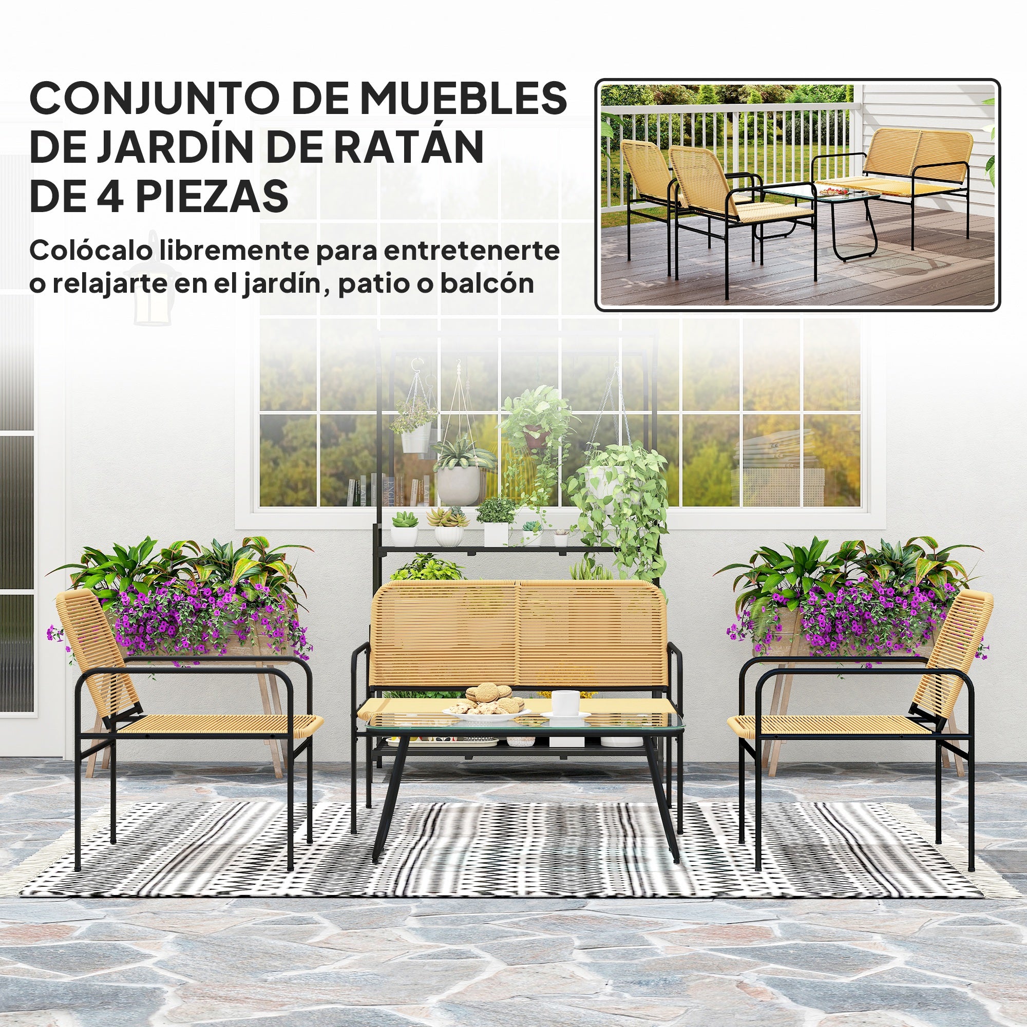 Outsunny Conjunto Jardín Exterior de Ratán Conjunto Terraza Resistente a la Intemperie Muebles Jardín Exterior con 2 Sillones Sofá de 2 Plazas y Mesa de Tablero de Vidrio Templado Natural