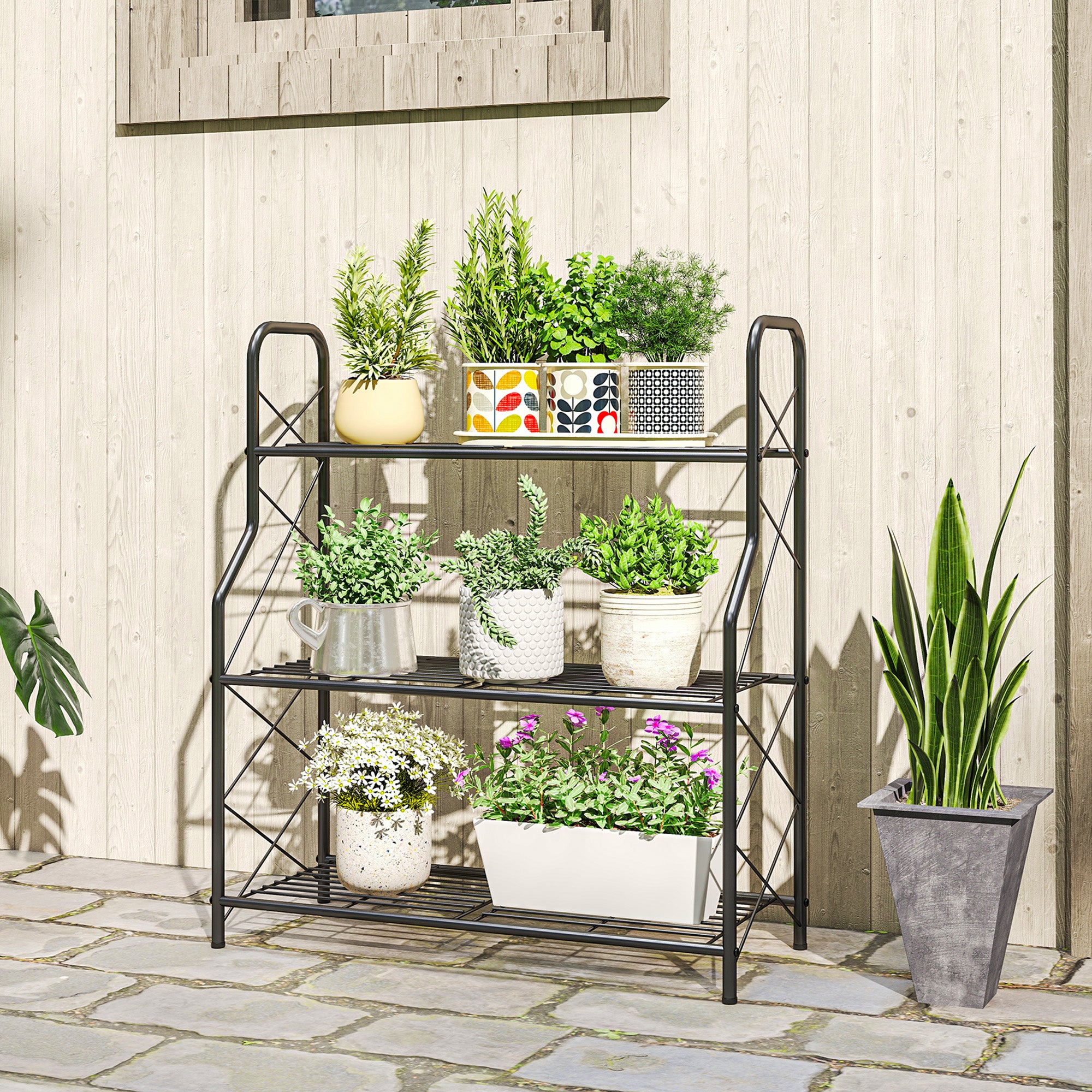 Outsunny Soporte para Plantas de 3 Niveles para Interior y Exterior, Estantería para Plantas de Metal con Patas Ajustables y Asas, Resistente y Estable, para Macetas, Patio, Jardín, Balcón, Negro