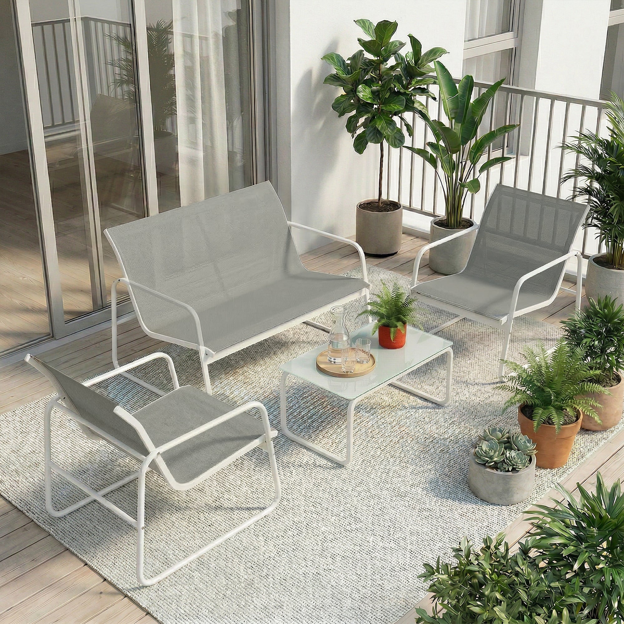 Outsunny Conjunto Jardín Exterior de 4 Piezas, Muebles Jardín Exterior con Sofá de 2 Plazas, 2 Sillones, Mesa de Vidrio Templado, Tela de Textilene Transpirable, Estructura de Acero, Gris Claro