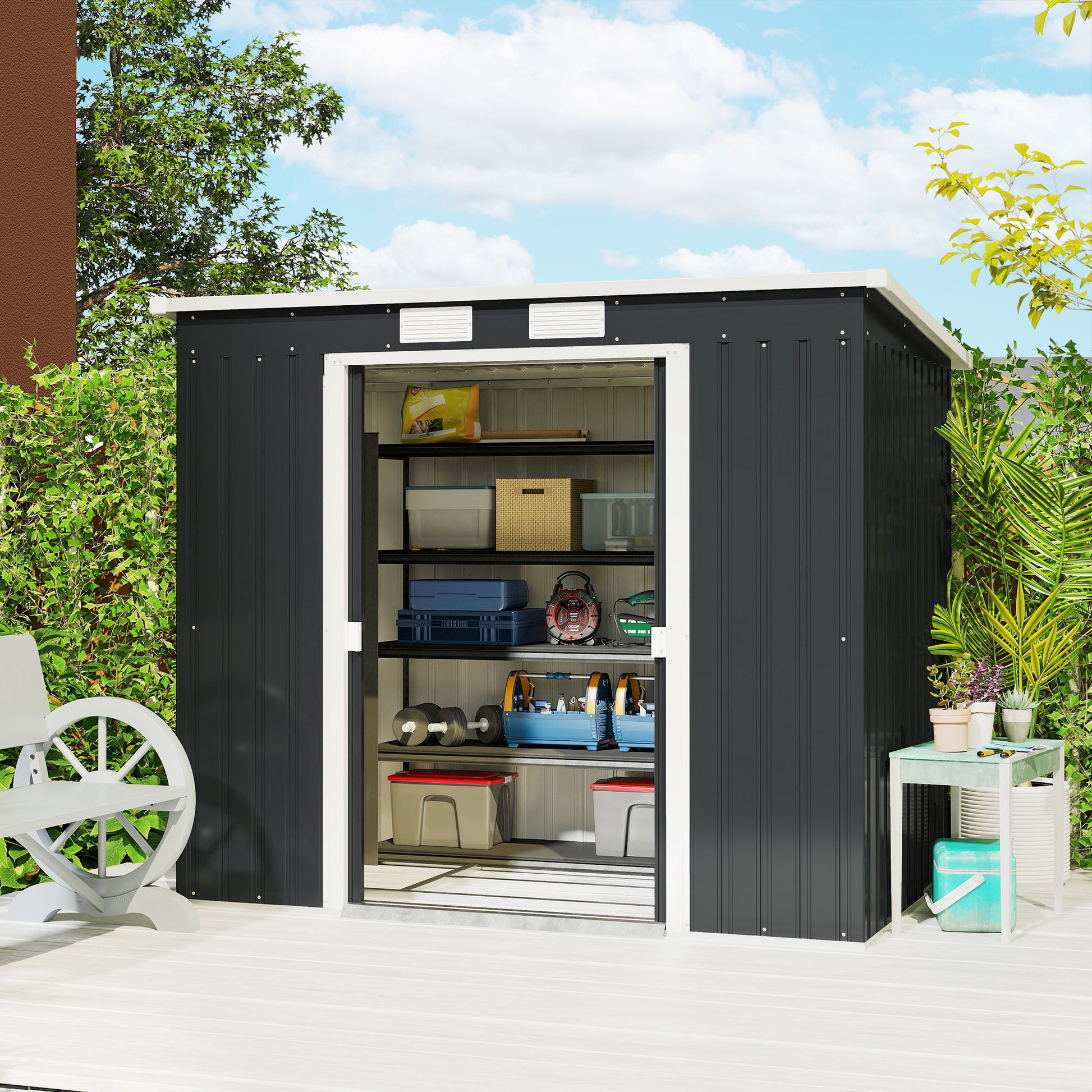 Outsunny Caseta de Jardín Exterior 2,4 m², 213x130x172 cm, Cobertizo de Jardín Exterior Metálico con Puerta Corredera, Techo Inclinado, Base Refuerzo (Suelo NO Incluido) y 2 Ventanas, Gris Oscuro