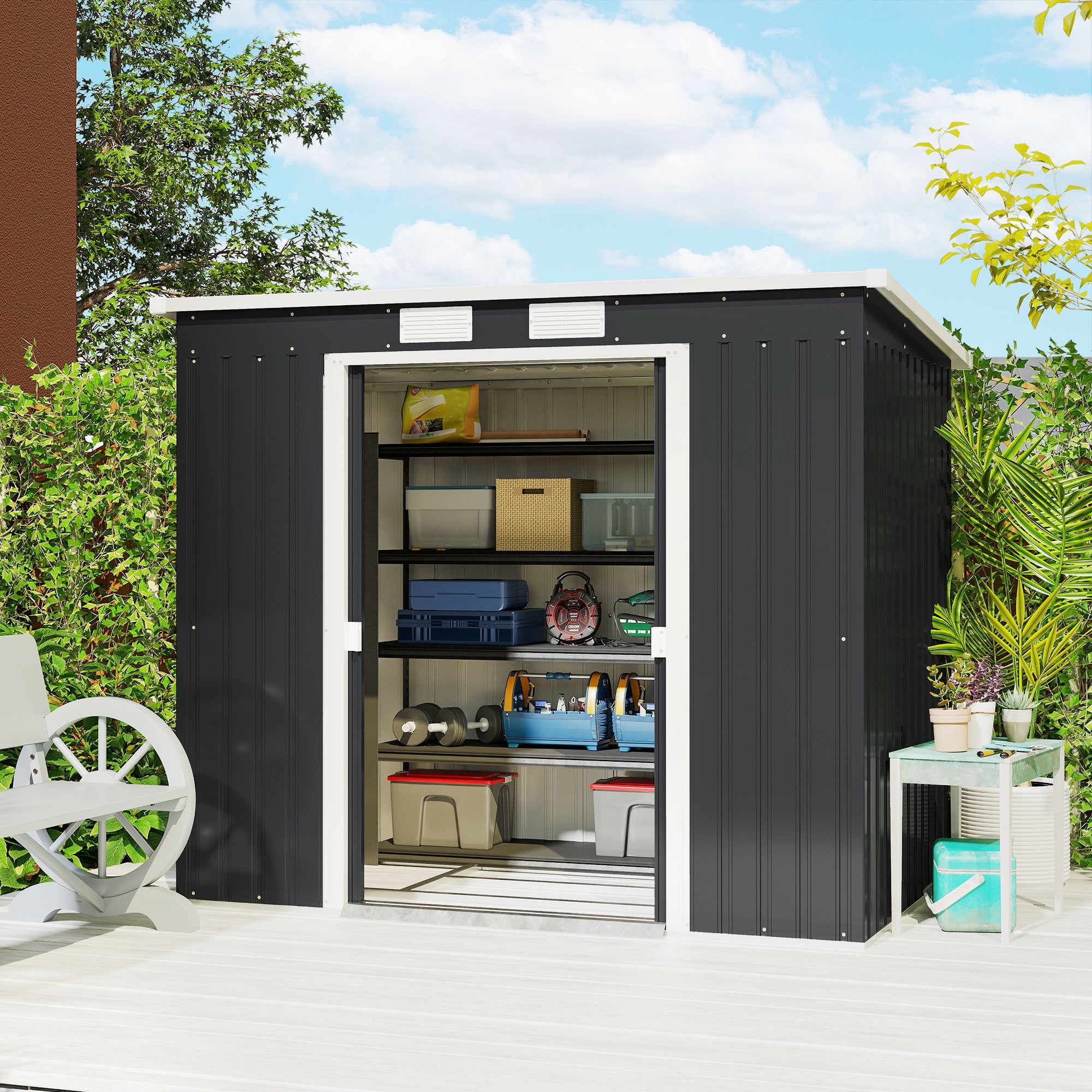 Outsunny Caseta de Jardín Exterior 2,4 m², 213x130x172 cm, Cobertizo de Jardín Exterior Metálico con Puerta Corredera, Techo Inclinado, Base Refuerzo (Suelo NO Incluido) y 2 Ventanas, Gris Oscuro