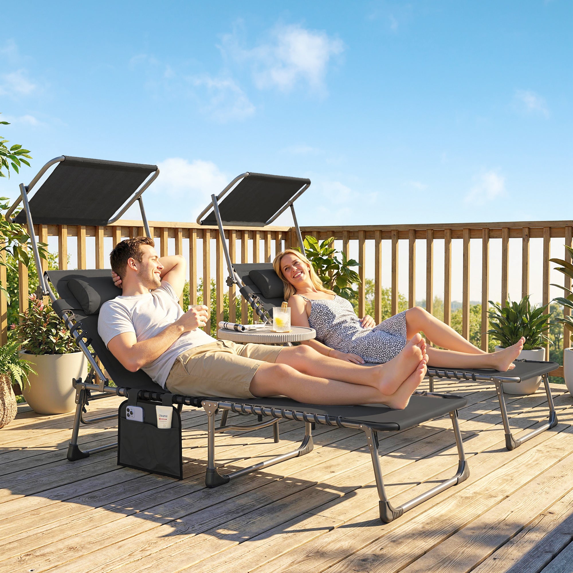 Outsunny Set de 2 Tumbonas Jardín Exterior, Tumbonas Plegables con Reposacabezas, Parasol y Bolsillo Lateral, Respaldo Reclinable 5 Posiciones y Asiento Malla Transpirable para Playa, Piscina, Negro
