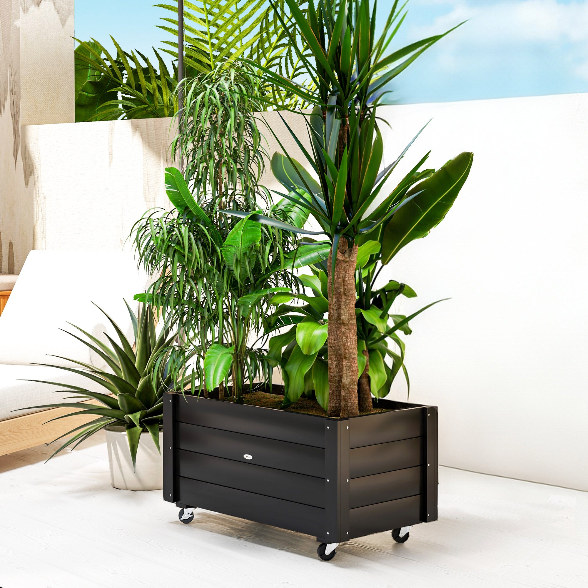 Outsunny Jardinera de Madera con Ruedas, Huerto Urbano para Cultivar Plantas, Macetero Exterior con Orificios de Drenaje y Tela no Tejida, para Jardin, Terraza, Balcón y Patio, 89x48x47 cm, Negro
