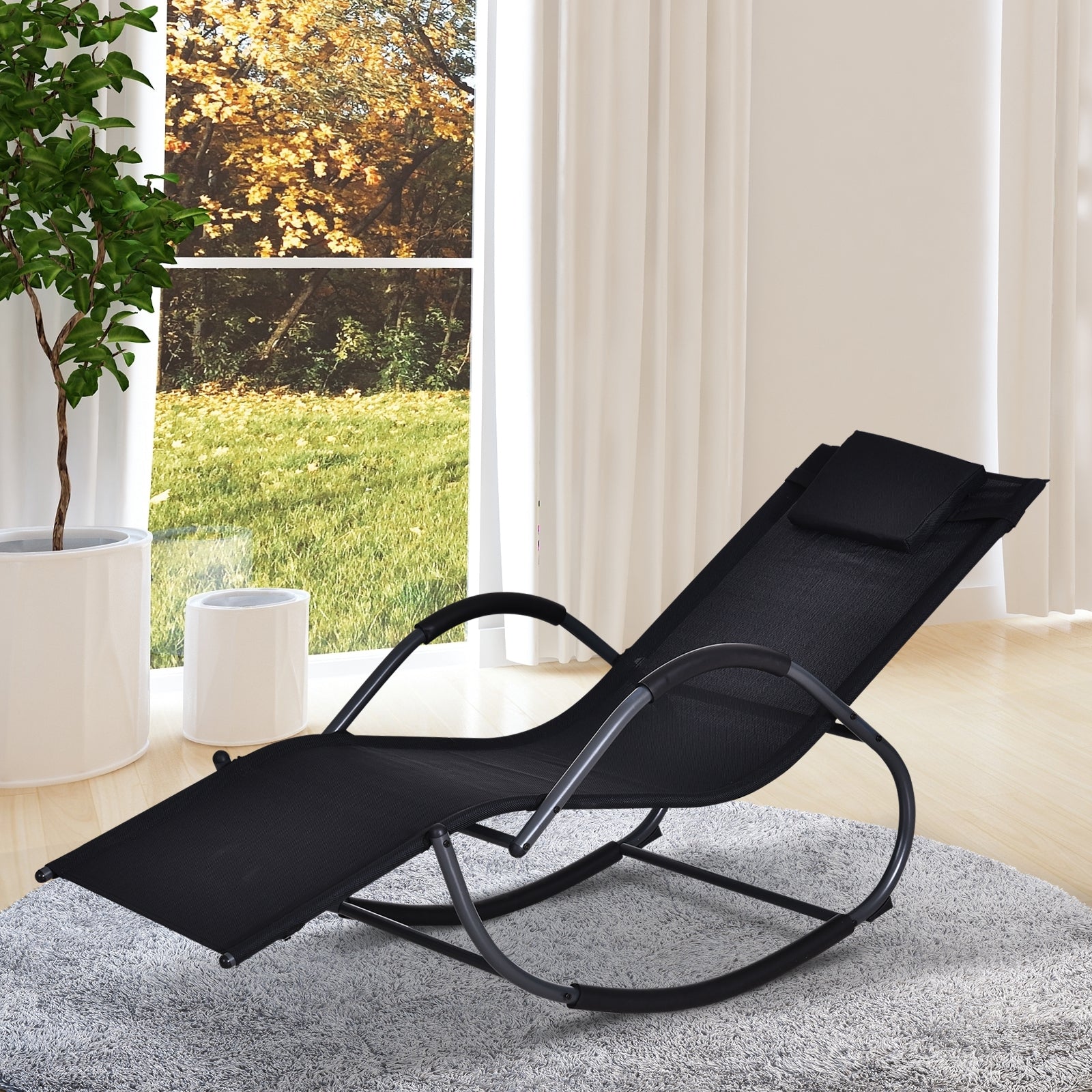 Outsunny Mecedora para Exterior Tumbona con Reposabrazos y Función Balancín para Terraza 160x61x79 cm Negro