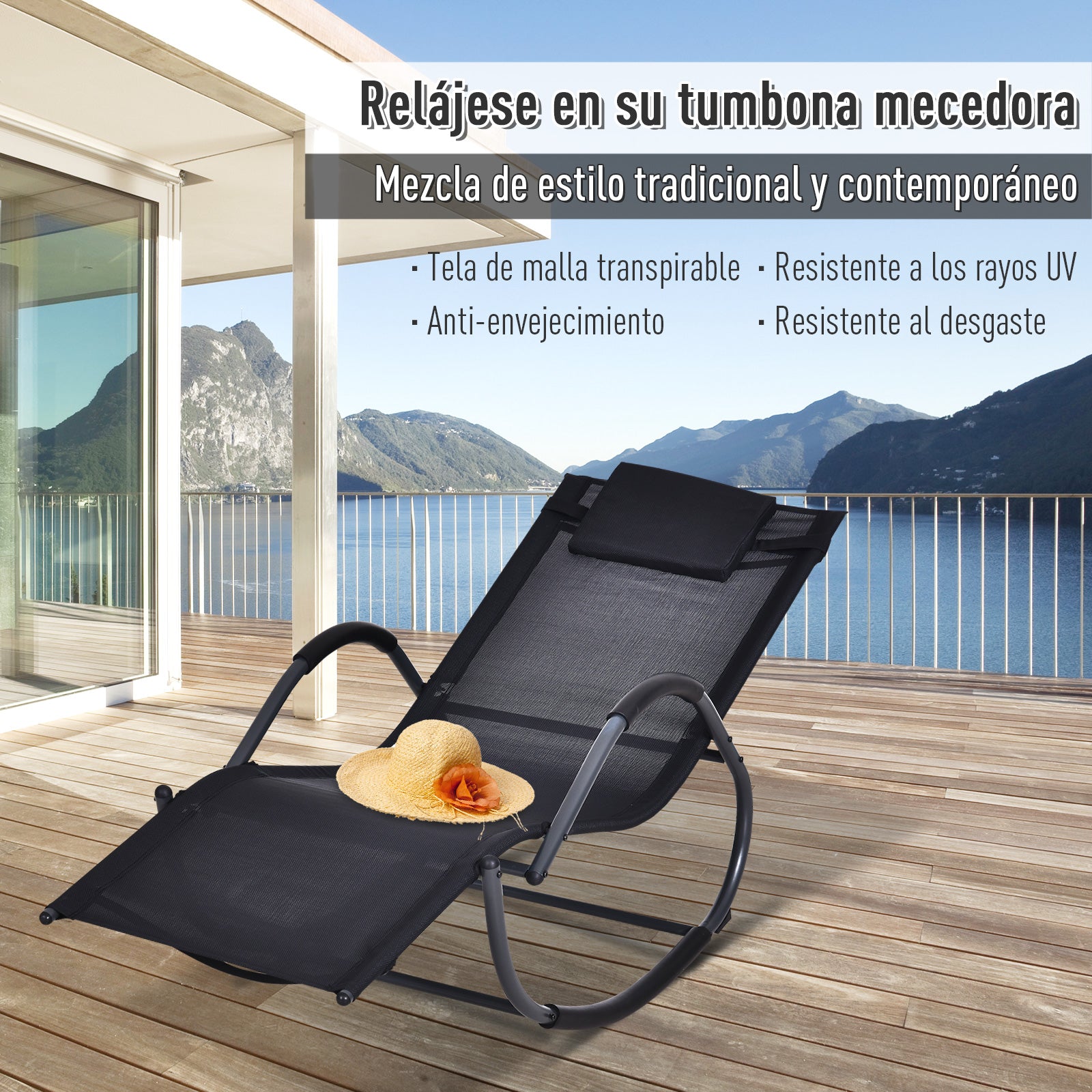 Outsunny Mecedora para Exterior Tumbona con Reposabrazos y Función Balancín para Terraza 160x61x79 cm Negro