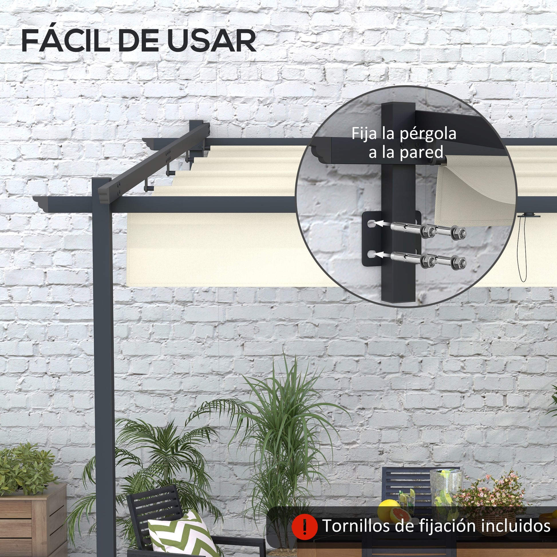 Outsunny Pérgola de Pared 3x3 m Cenador de Jardín con Techo Retráctil de Poliéster y Marco de Acero para Celebraciones Fiestas Bodas Crema y Gris Oscuro