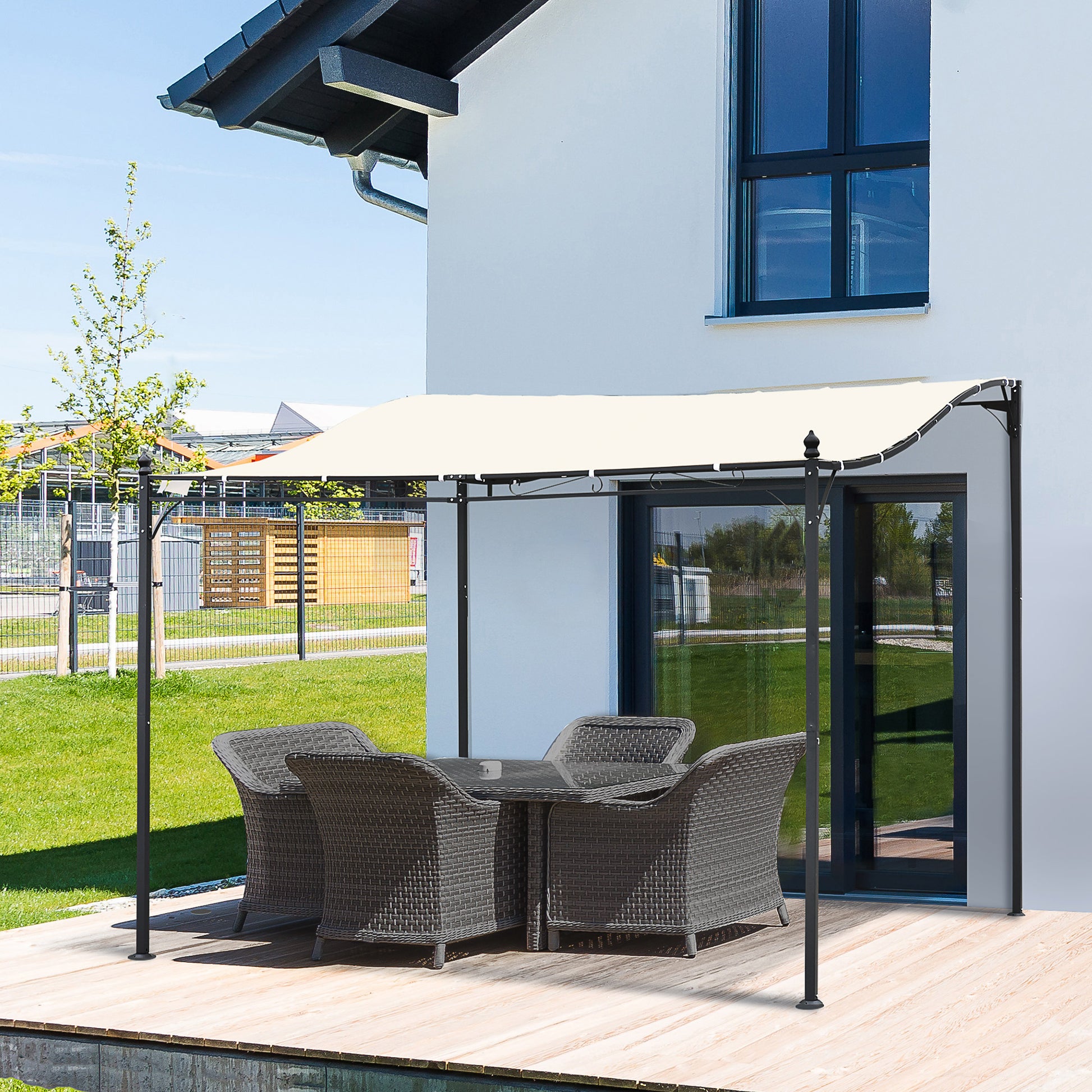 Outsunny Cenador de Jardín 3x3 m Pérgola con Toldo y 16 Orificios de Drenaje para Patio Terraza Metal y Poliéster 180 g/m² Resistente Crema