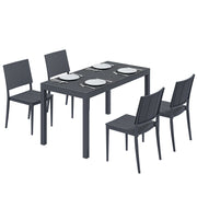 Outsunny Conjunto de Mesa y Sillas Jardín de 5 Piezas, Muebles Jardín Exterior con Mesa de Tablero Ranurado, 4 Sillas Apilables, Marco Metálico para 4 Personas, para Patio, Terraza, Gris Oscuro