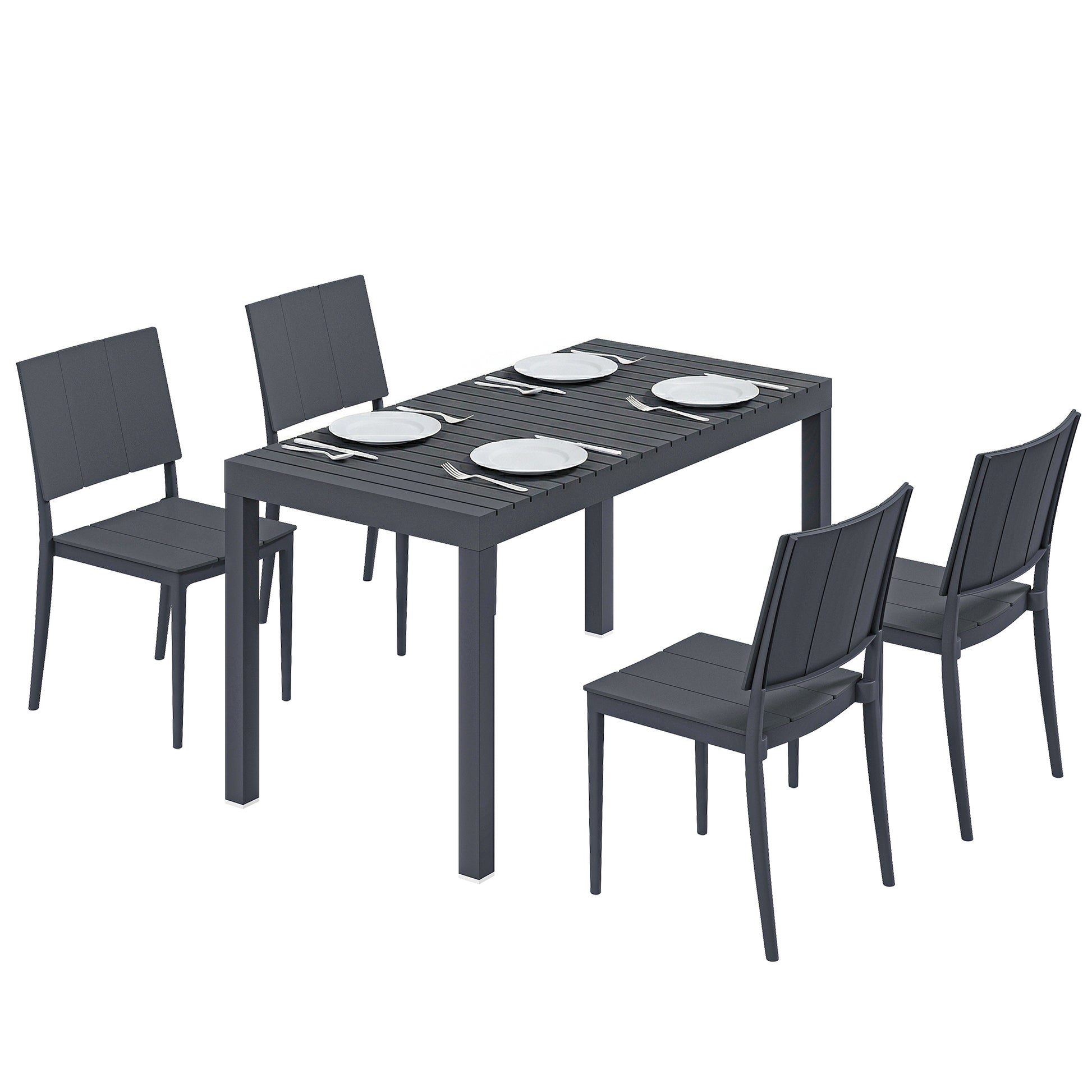 Outsunny Conjunto de Mesa y Sillas Jardín de 5 Piezas, Muebles Jardín Exterior con Mesa de Tablero Ranurado, 4 Sillas Apilables, Marco Metálico para 4 Personas, para Patio, Terraza, Gris Oscuro