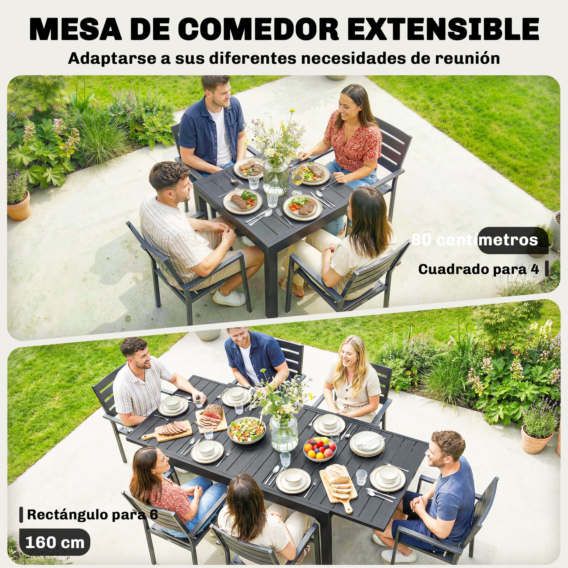 Outsunny Mesa de Jardín Extensible, Mesa de Comedor Exterior Extensible 80/160x80 cm, de Aluminio, con Superficie de Lamas, Carga 70 kg, Mesita Rectangular para 4-6 Personas, para Patio, Terraza, Negro