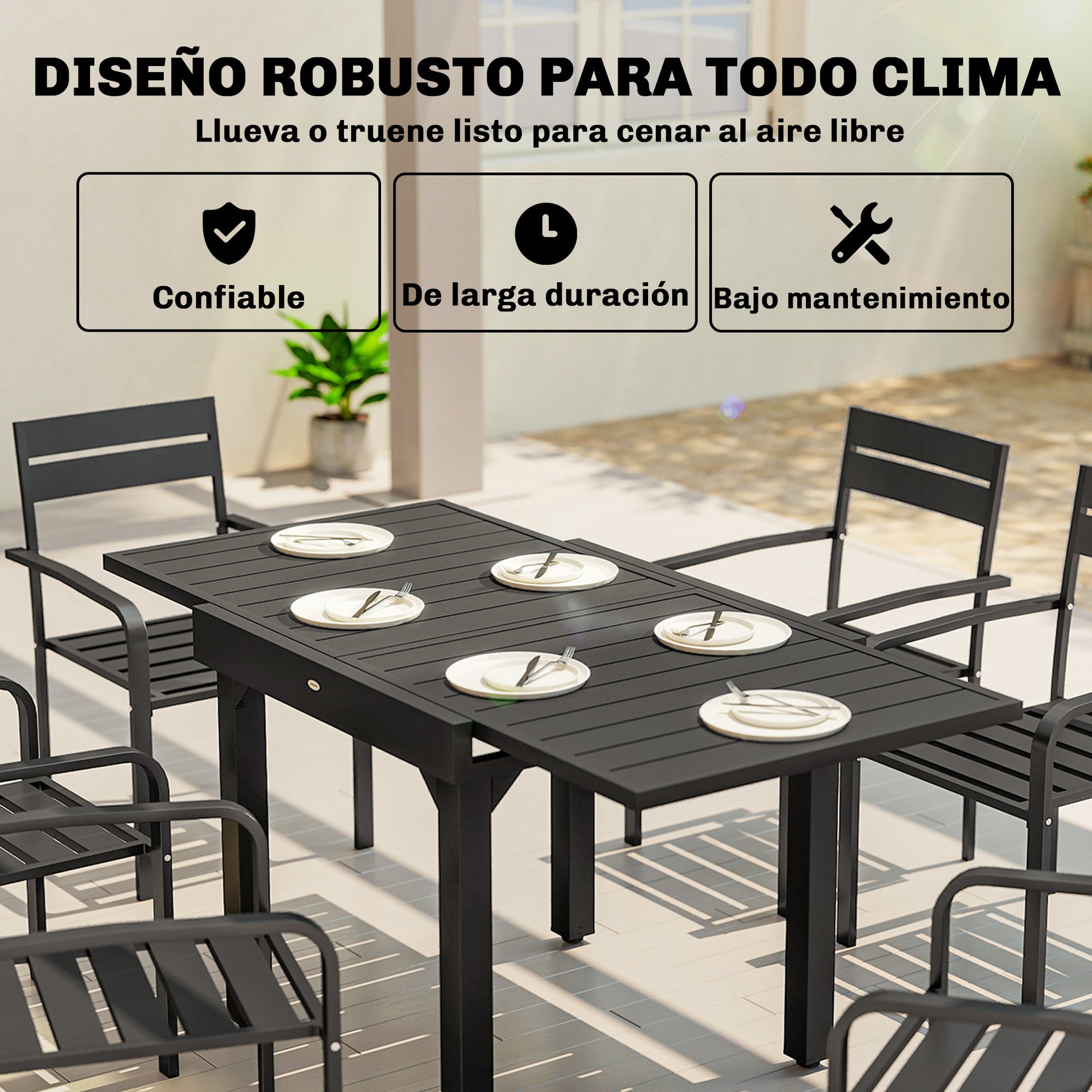 Outsunny Mesa de Jardín Extensible, Mesa de Comedor Exterior Extensible 80/160x80 cm, de Aluminio, con Superficie de Lamas, Carga 70 kg, Mesita Rectangular para 4-6 Personas, para Patio, Terraza, Negro