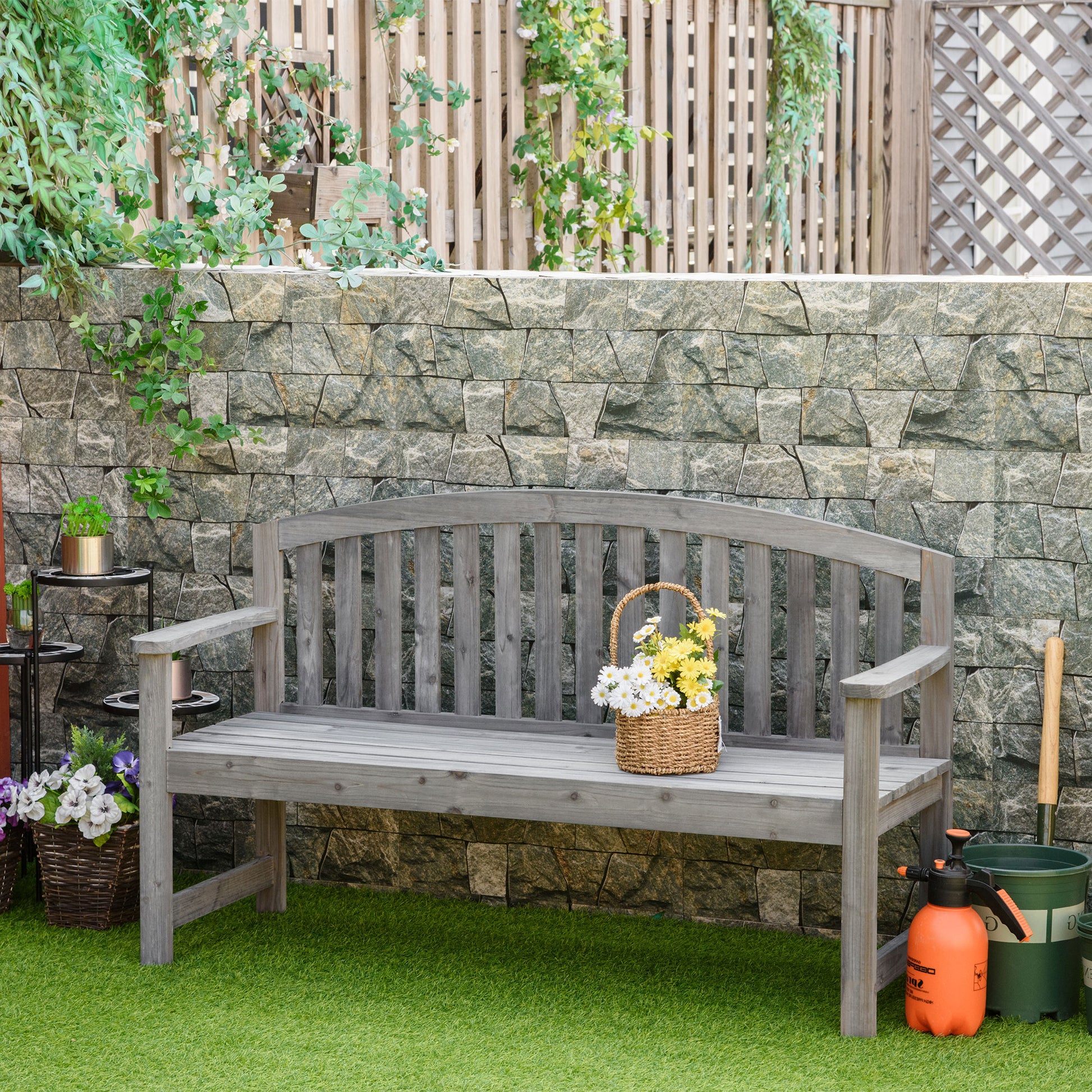 Outsunny Banco de Jardín de 2 Plazas Banco Listones de Madera con Respaldo y Reposabrazos para Terraza Balcón Patio Exterior Carga 320 kg 140x50x85 cm Gris