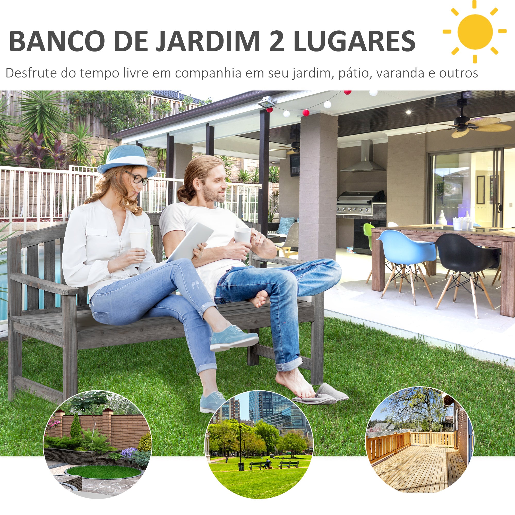 Outsunny Banco de Jardín de 2 Plazas Banco Listones de Madera con Respaldo y Reposabrazos para Terraza Balcón Patio Exterior Carga 320 kg 140x50x85 cm Gris