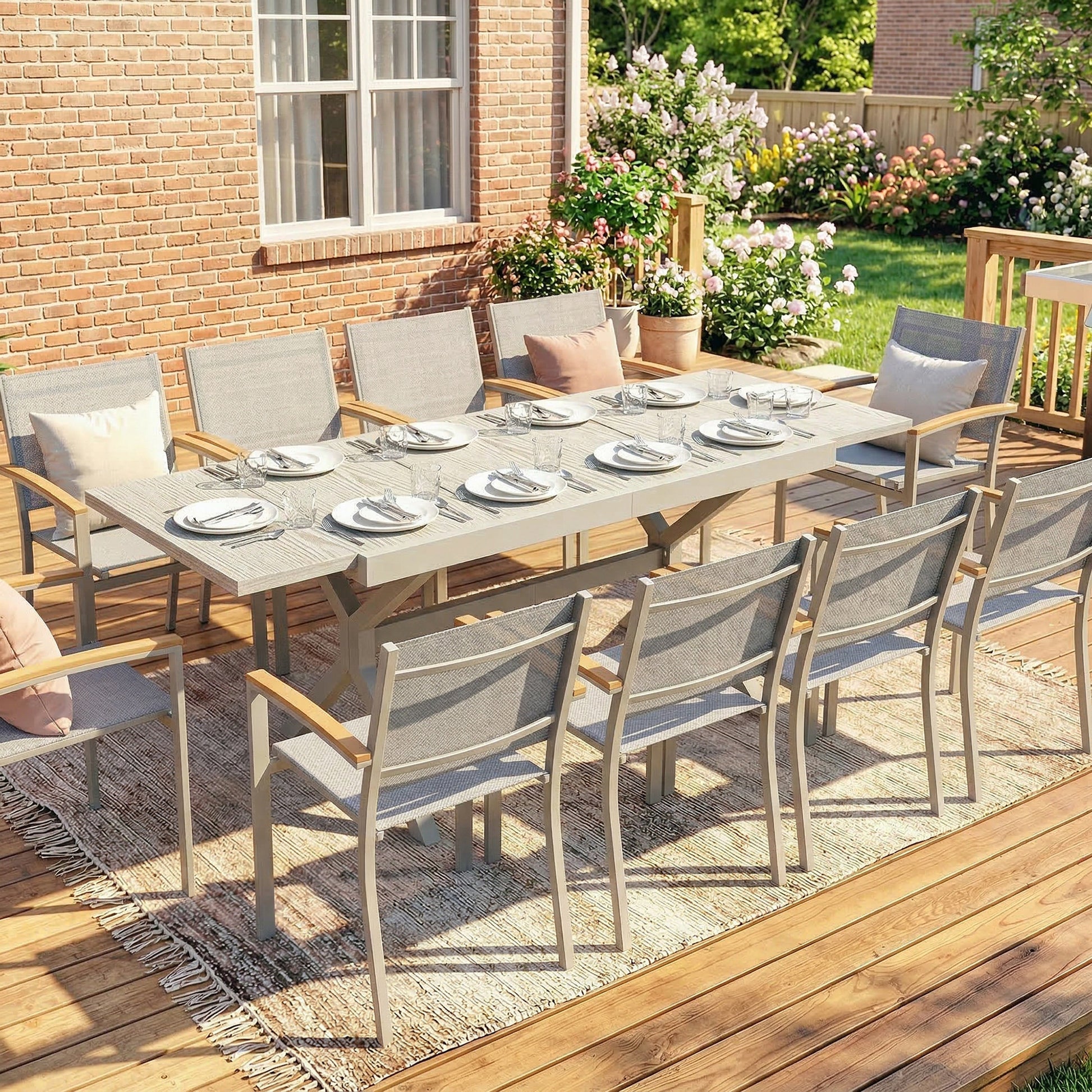 Outsunny Mesa de Jardín Extensible con Superficie de Aluminio, 154/214x85 cm, Mesa de Comedor Exterior Extensible Rectangular con Imitación Madera para 8-10 Personas, para Patio, Terraza, Gris Claro