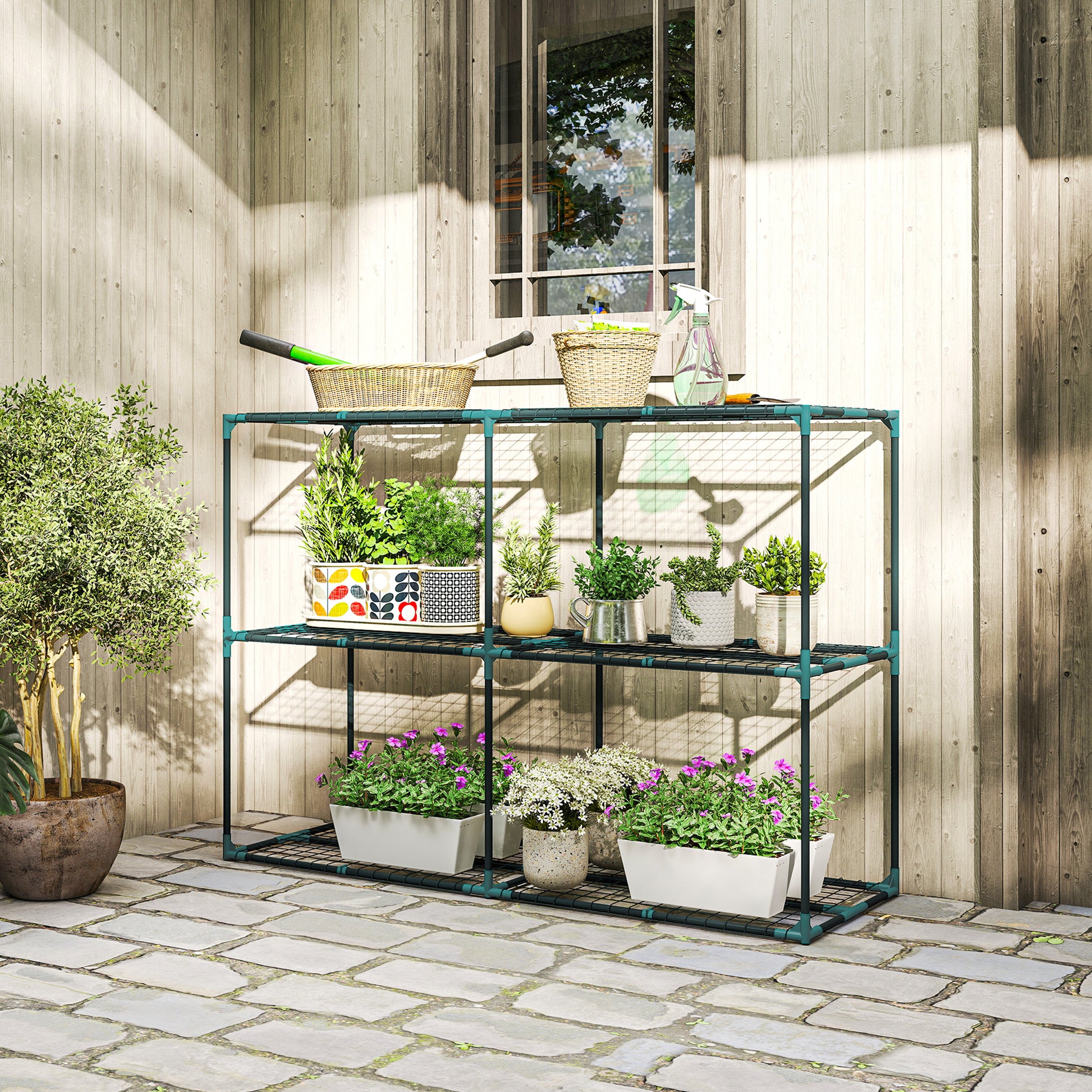 Outsunny Soporte para Plantas de 3 Niveles para Interior y Exterior, Estantería para Plantas de Acero, Resistente y Estable, Estante para Macetas, Patio, Jardín, Balcón, Verde Oscuro