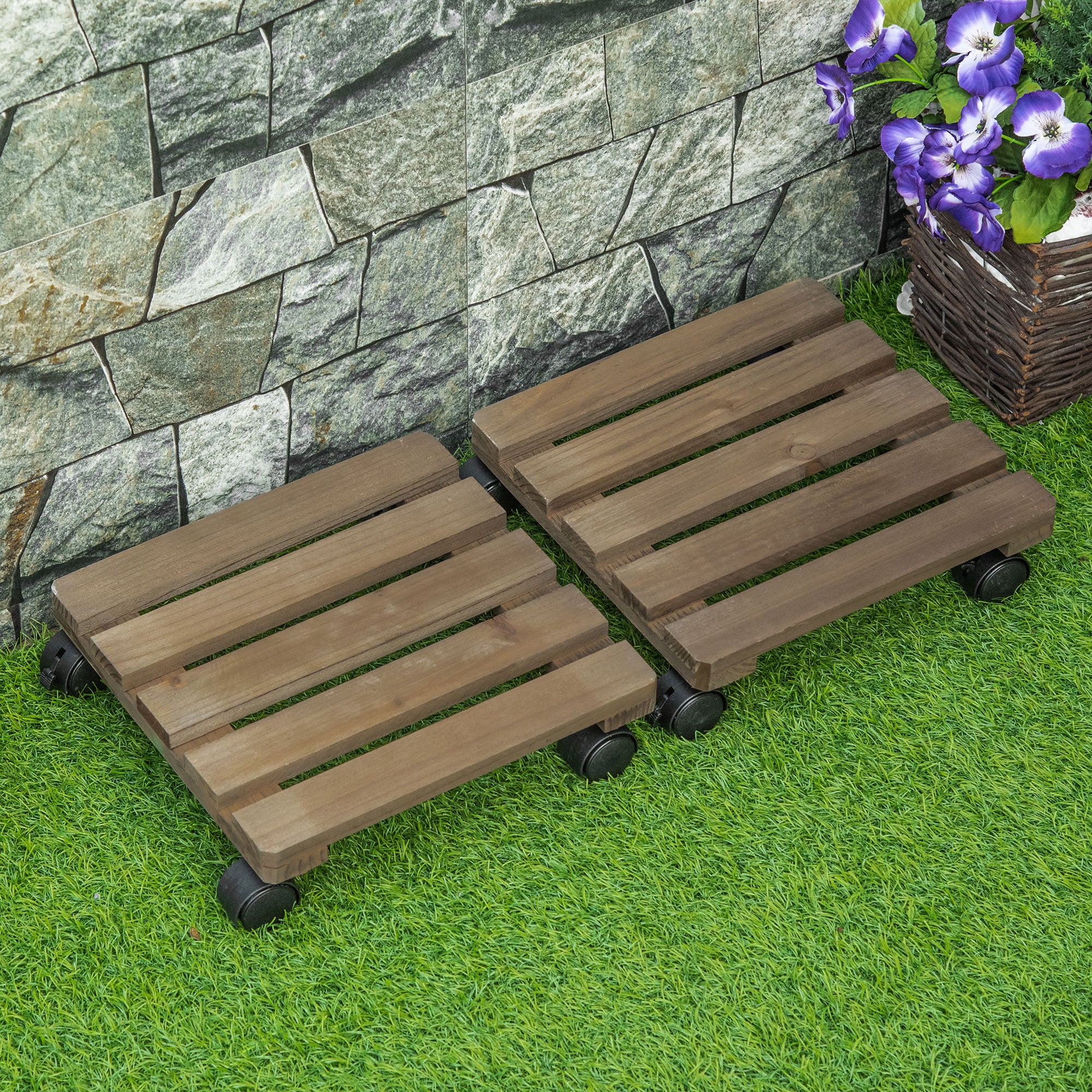 Outsunny Pack de 2 Plataformas con Ruedas de Madera, Soportes para Plantas con Ruedas 360 ° Giratorias Bloqueables, Bases para Macetas, Exterior, Interior, Jardín, Carga 50 kg, Marrón Oscuro