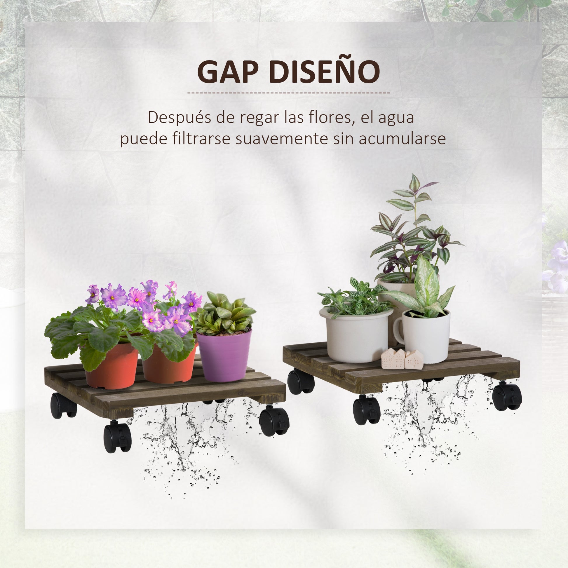 Outsunny Pack de 2 Plataformas con Ruedas de Madera, Soportes para Plantas con Ruedas 360 ° Giratorias Bloqueables, Bases para Macetas, Exterior, Interior, Jardín, Carga 50 kg, Marrón Oscuro