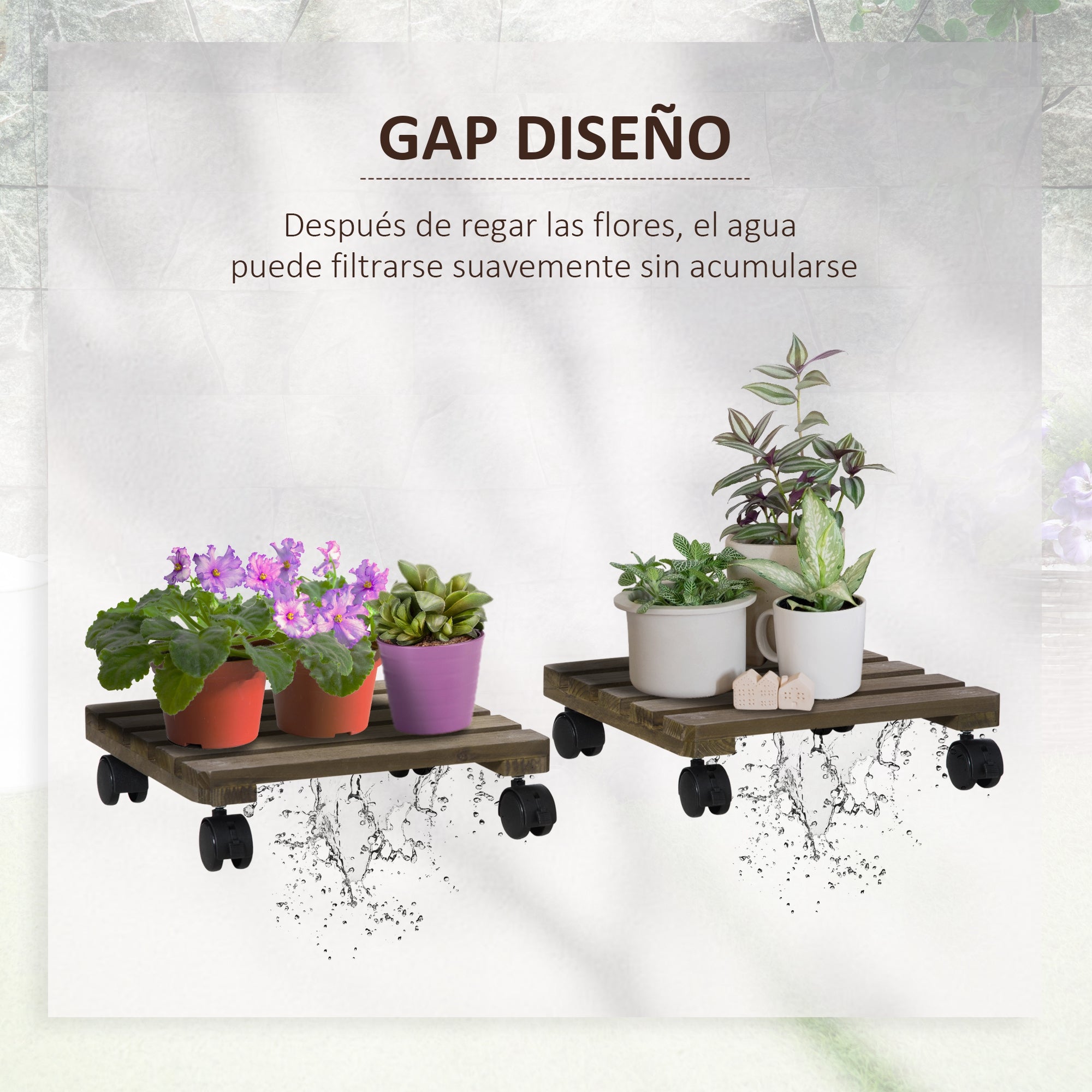 Outsunny Pack de 2 Plataformas con Ruedas de Madera, Soportes para Plantas con Ruedas 360 ° Giratorias Bloqueables, Bases para Macetas, Exterior, Interior, Jardín, Carga 50 kg, Marrón Oscuro