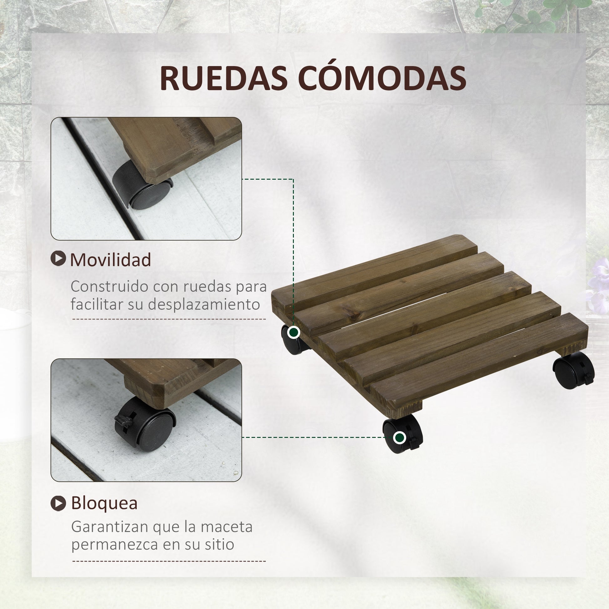 Outsunny Pack de 2 Plataformas con Ruedas de Madera, Soportes para Plantas con Ruedas 360 ° Giratorias Bloqueables, Bases para Macetas, Exterior, Interior, Jardín, Carga 50 kg, Marrón Oscuro