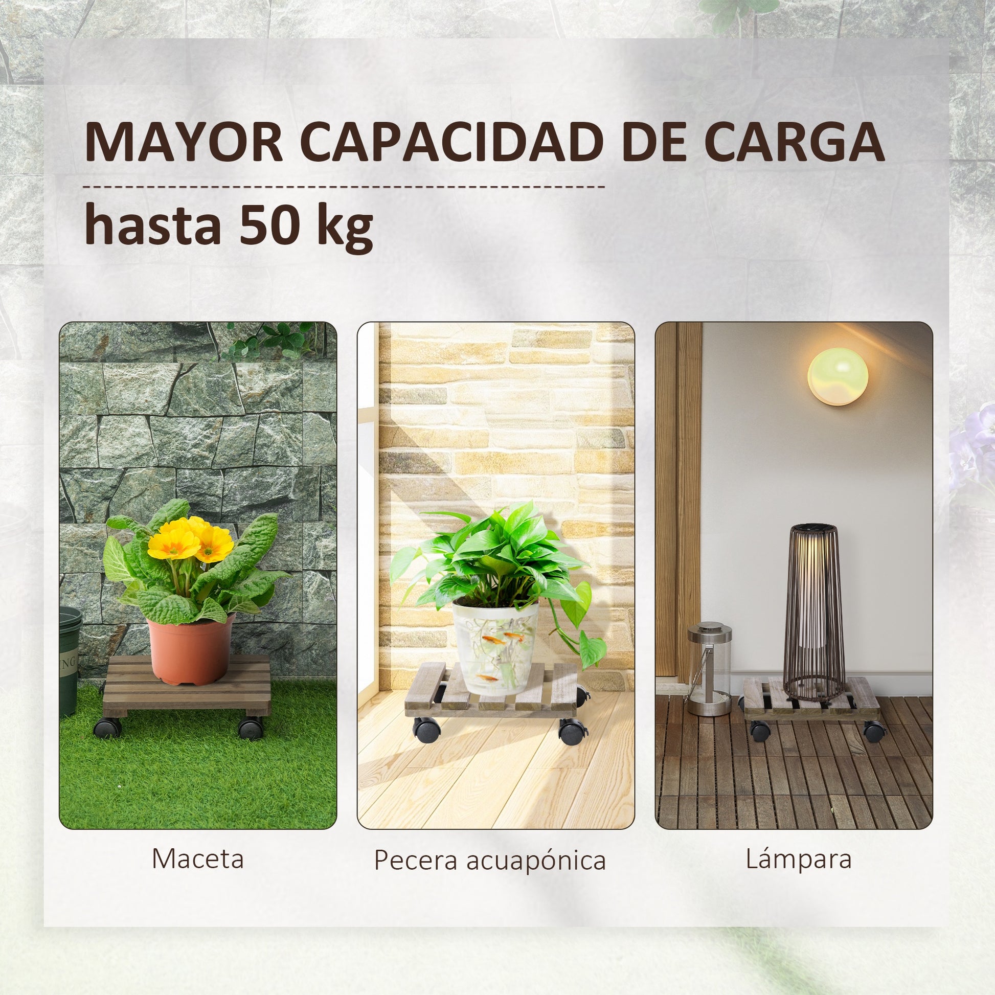 Outsunny Pack de 2 Plataformas con Ruedas de Madera, Soportes para Plantas con Ruedas 360 ° Giratorias Bloqueables, Bases para Macetas, Exterior, Interior, Jardín, Carga 50 kg, Marrón Oscuro