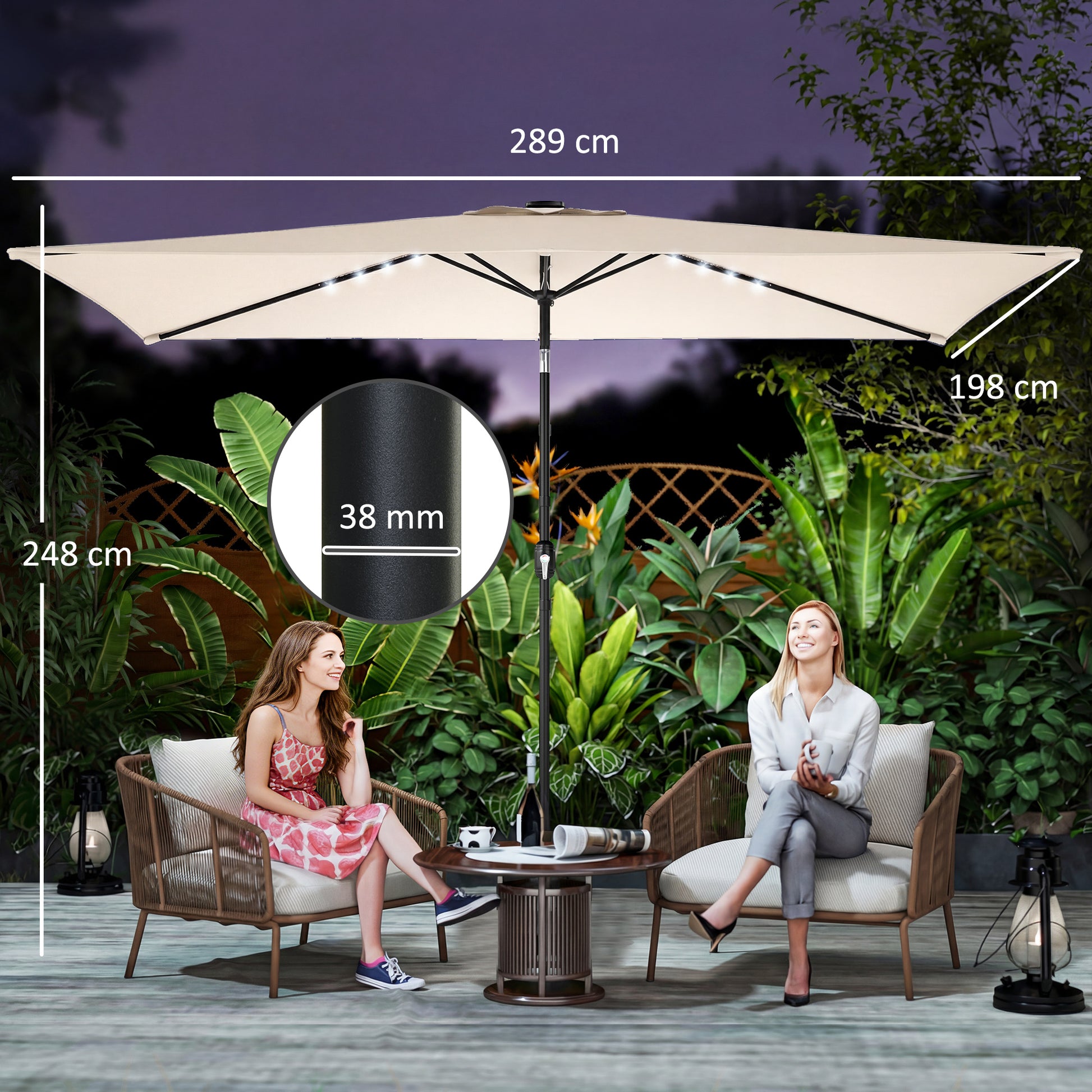 Outsunny Sombrilla Terraza Exterior, 2,9x2,5 m, Sombrilla de Jardín con 24 Luces LED Solares, Dosel Inclinable, Poste Metálico, Parasol para Patio, Terraza, Crema