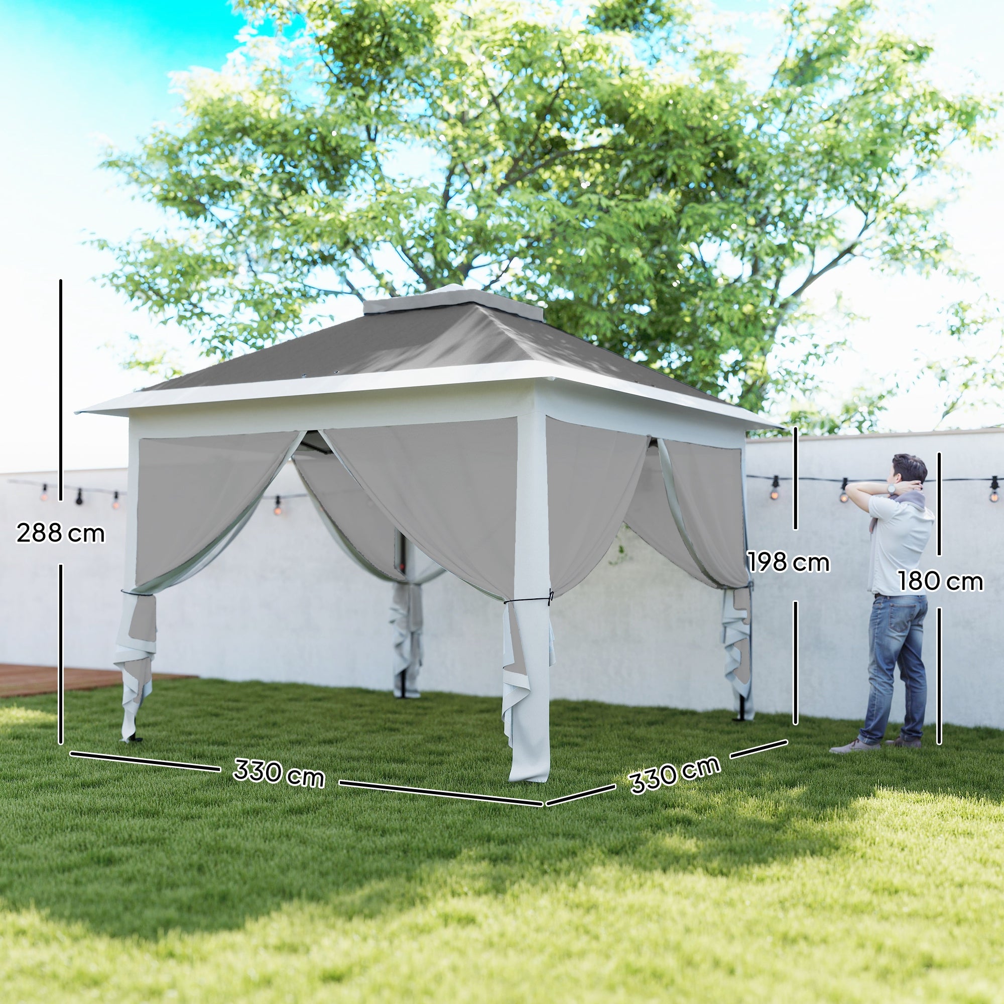 Outsunny Carpa Plegable 3,3x3,3 m Pop-up, Cenador de Jardín con Altura Ajustable 3 Niveles, Doble Techo, 4 Mosquiteras Extraíbles y Bolsa Transporte, Impermeable, Anti-UV para Exterior, Gris Oscuro