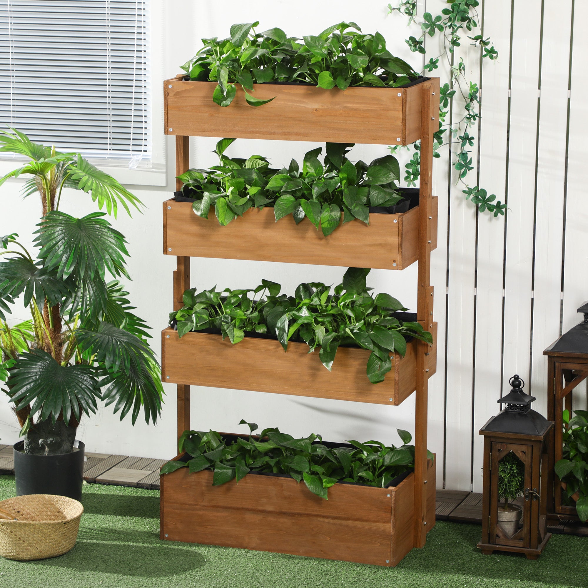 Outsunny Jardinera de Madera de 4 Niveles, Jardinera Exterior Elevada con Orificios de Drenaje y Tela no Tejida, Macetero para Cultivos, Plantas, Flores, para Terraza, Jardín, 80x45x142 cm, Naranja