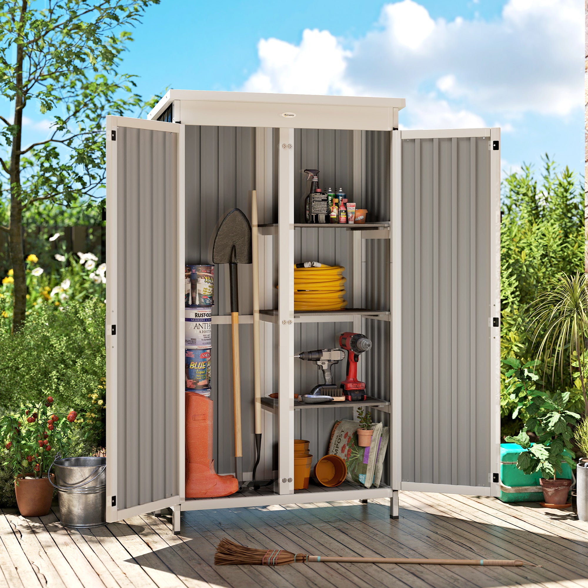 Outsunny Caseta de Jardín de Madera y Acero 94x43x166 cm Cobertizo Jardín Exterior Armario para Herramientas con 2 Puertas Estantes Ajustables Techo Impermeable para Terraza Fijación con Estacas Negro