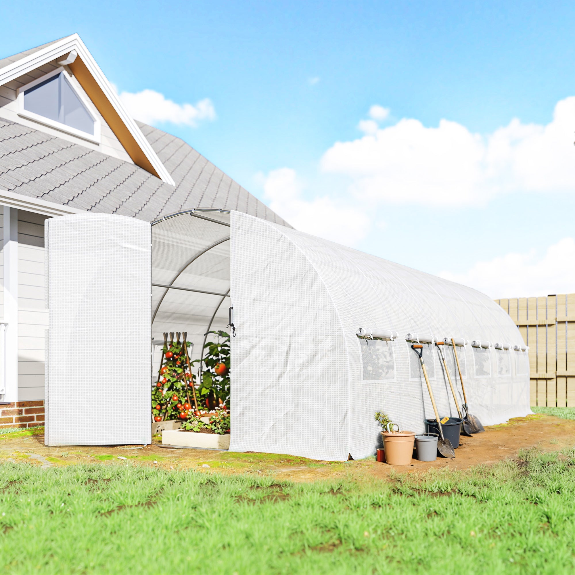 Outsunny Invernadero de Exterior 6x3x2 m, Invernadero de Túnel con Puerta con Bisagras, Ventanas de Malla, Cubierta PE 140g/m² y Marco de Acero Galvanizado, Anti-UV, Impermeable, para Cultivos, Blanco