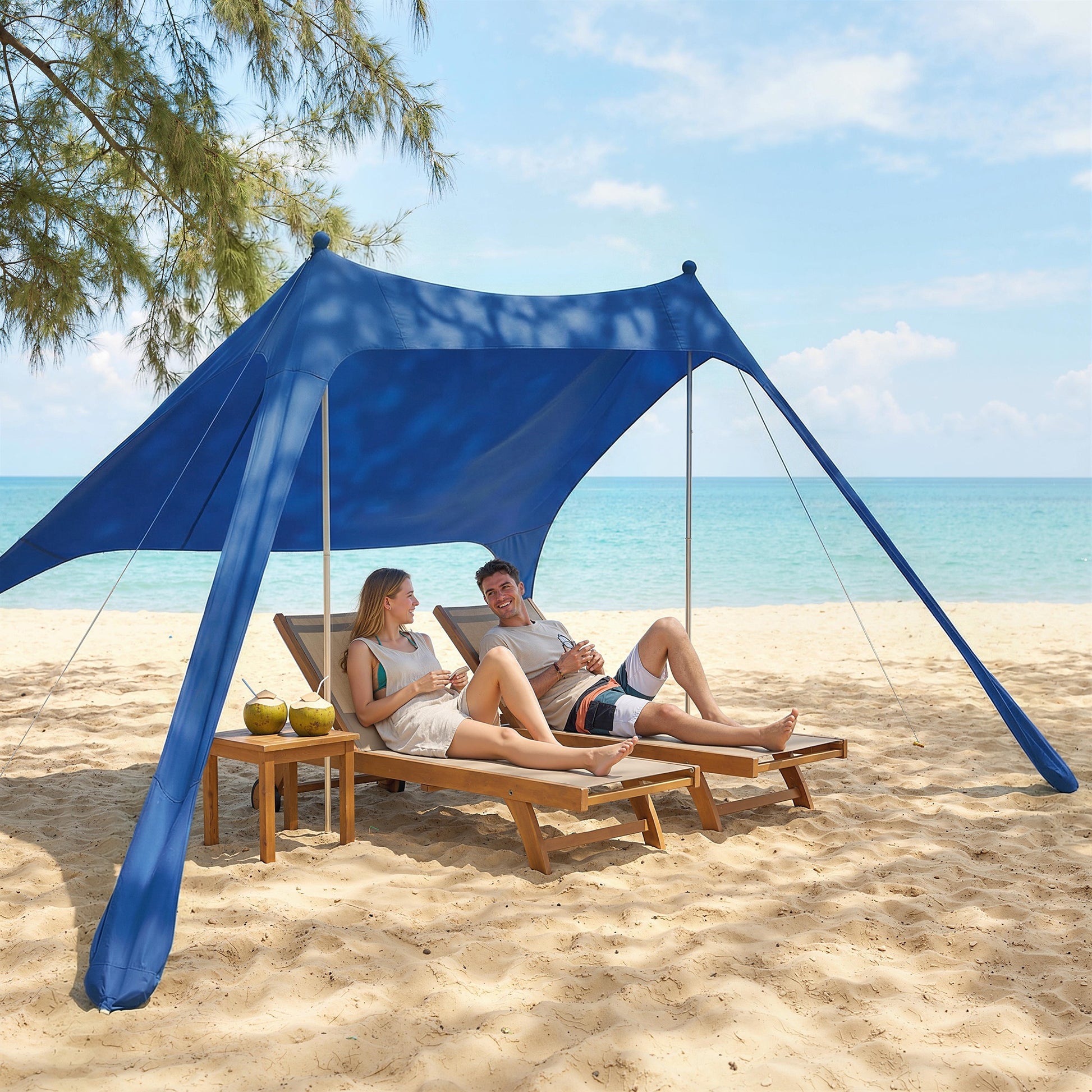 Outsunny Carpa Playa Plegable 208x200 cm, Toldo Playa Portátil para 2-4 Personas con Esterilla, UPF50+, Postes de Aluminio, Pala, Estacas y Bolsa de Transporte Impermeable, para Camping, Pesca, Azul