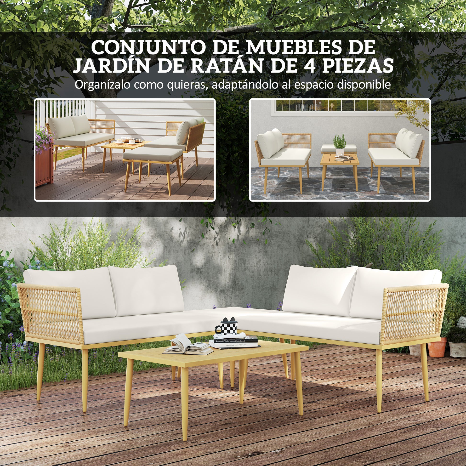 Outsunny Conjunto de Jardín Exterior de Ratán Sintético de 4 Piezas Muebles de Jardín Exterior Sofá Esquinero Incluye 2 Sofás de 2 Plazas 1 Reposapiés 1 Mesa de Centro con Cojines Natural