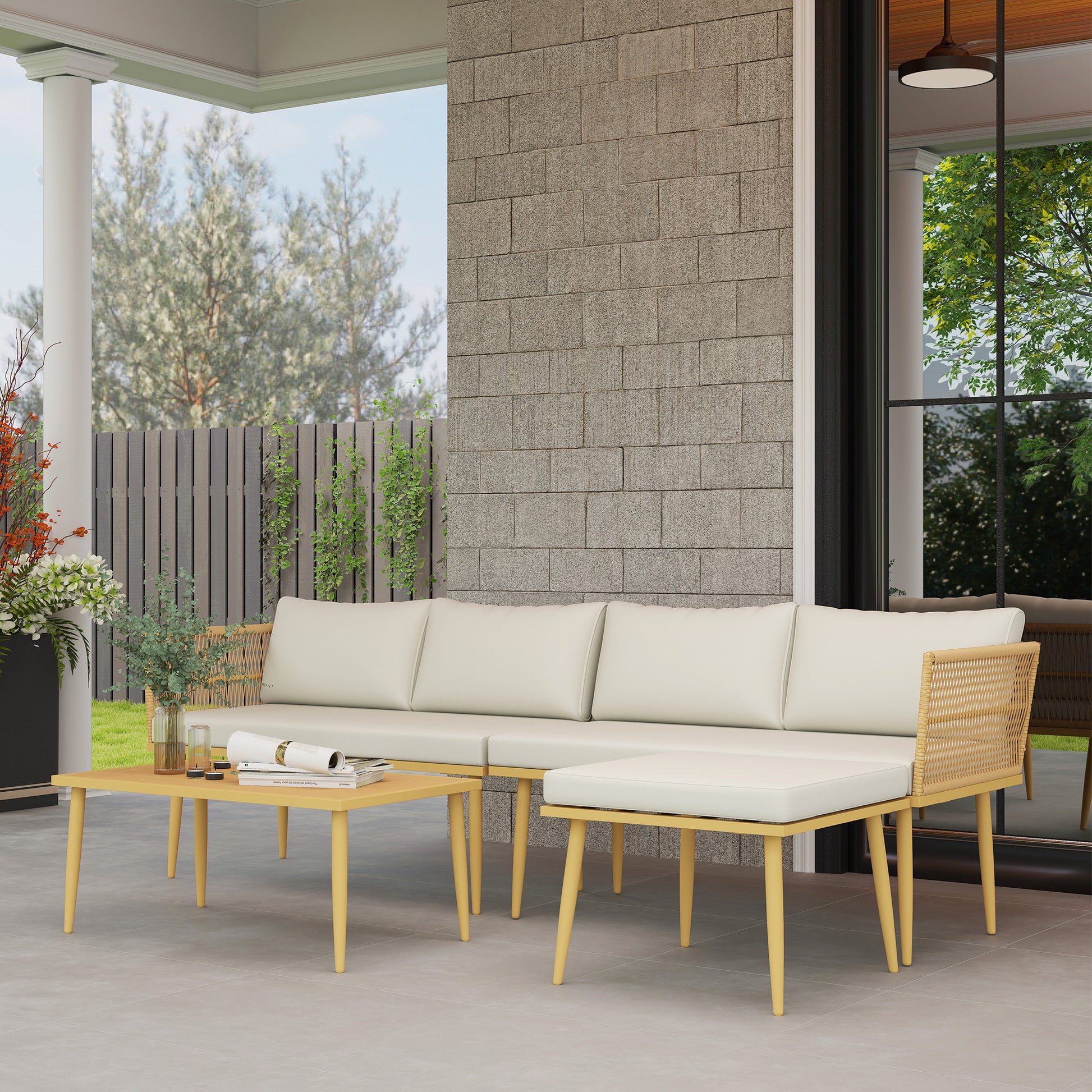 Outsunny Conjunto de Jardín Exterior de Ratán Sintético de 4 Piezas Muebles de Jardín Exterior Sofá Esquinero Incluye 2 Sofás de 2 Plazas 1 Reposapiés 1 Mesa de Centro con Cojines Natural