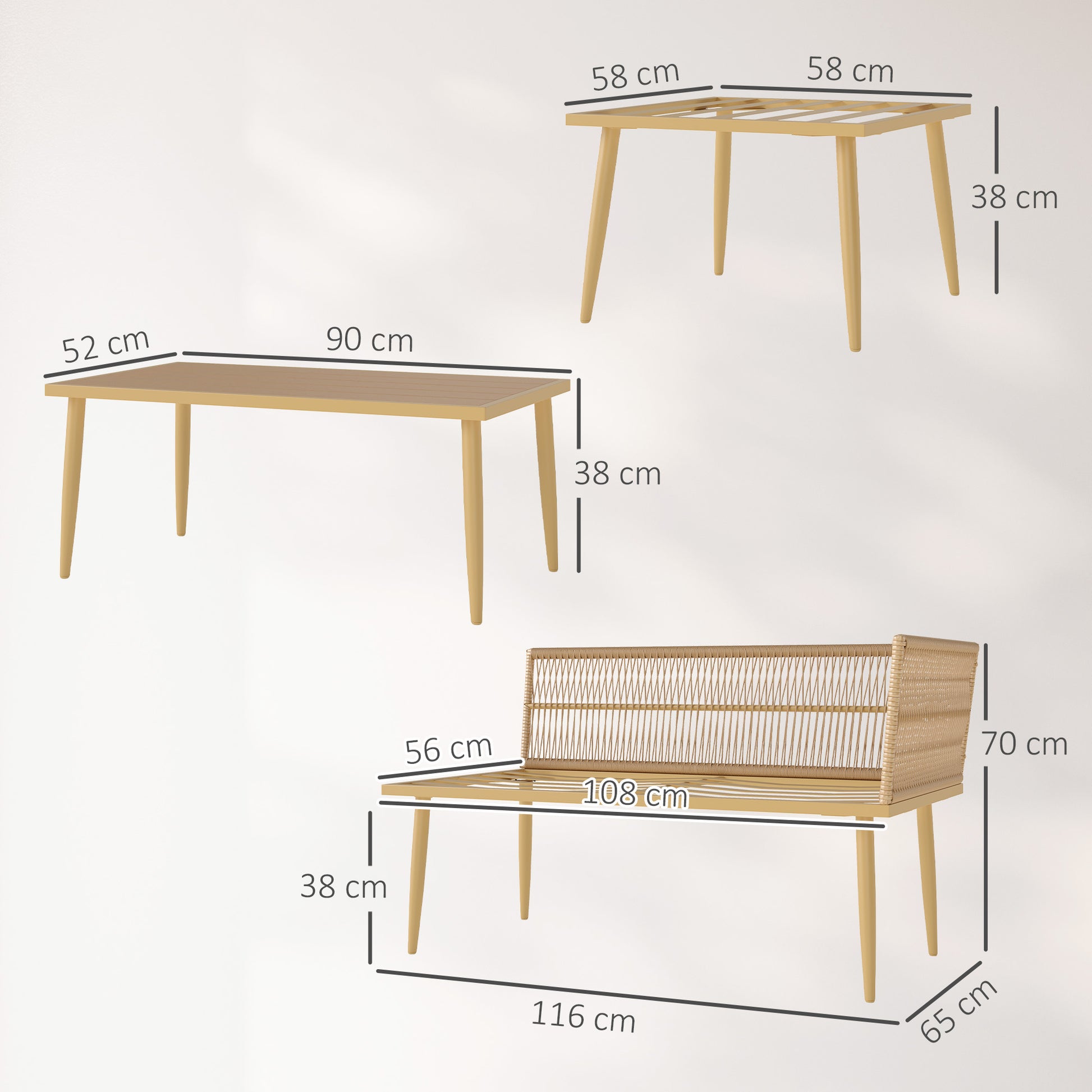 Outsunny Conjunto de Jardín Exterior de Ratán Sintético de 4 Piezas Muebles de Jardín Exterior Sofá Esquinero Incluye 2 Sofás de 2 Plazas 1 Reposapiés 1 Mesa de Centro con Cojines Natural