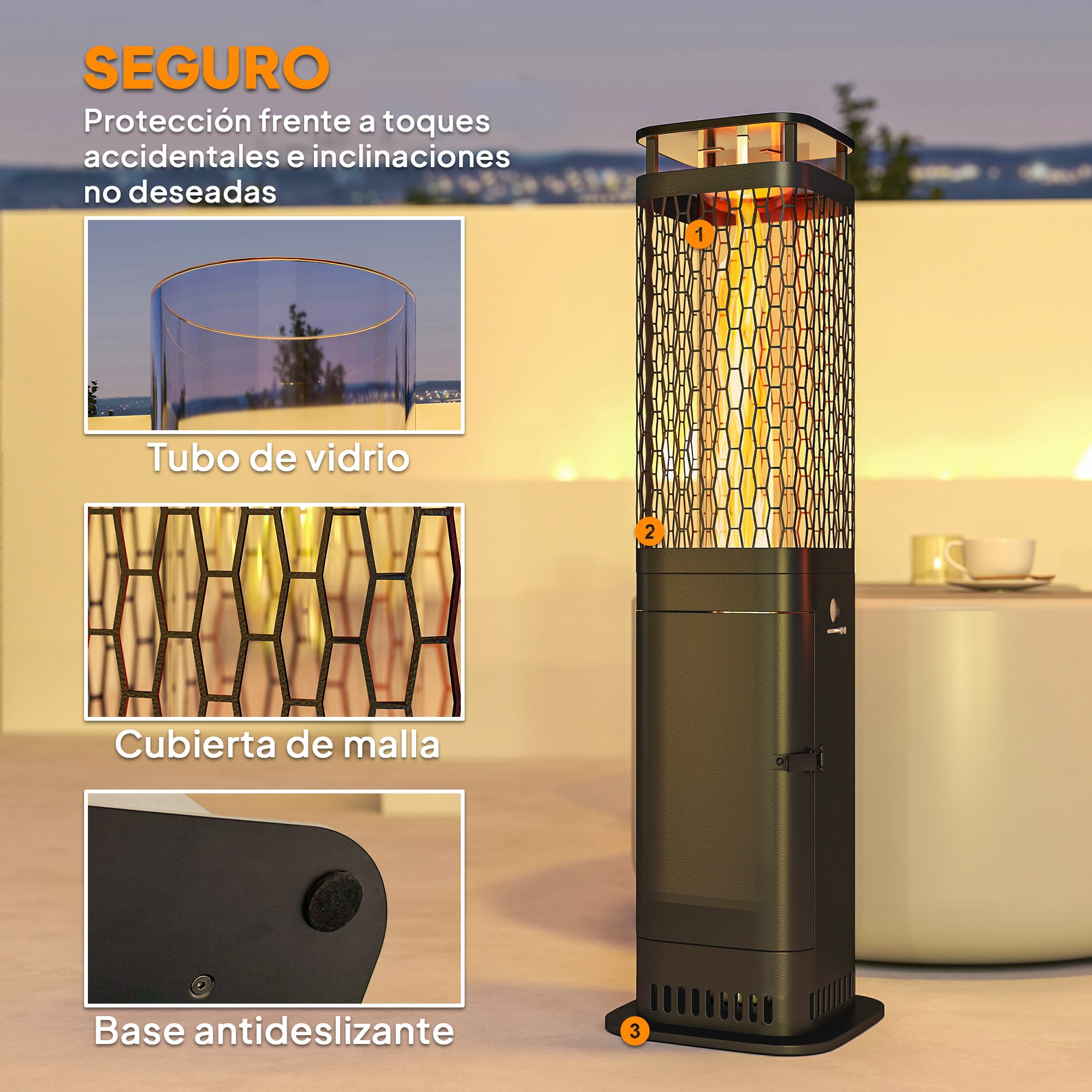 Outsunny Estufa de Pellets, 6.86 KW, sin Electricidad, Estufa Exterior con Tubo de Vidrio, Base Antideslizante y Rejilla Metálica, Calefactor de Pellets sin Humo para Jardín, Terraza, Exterior, Negro