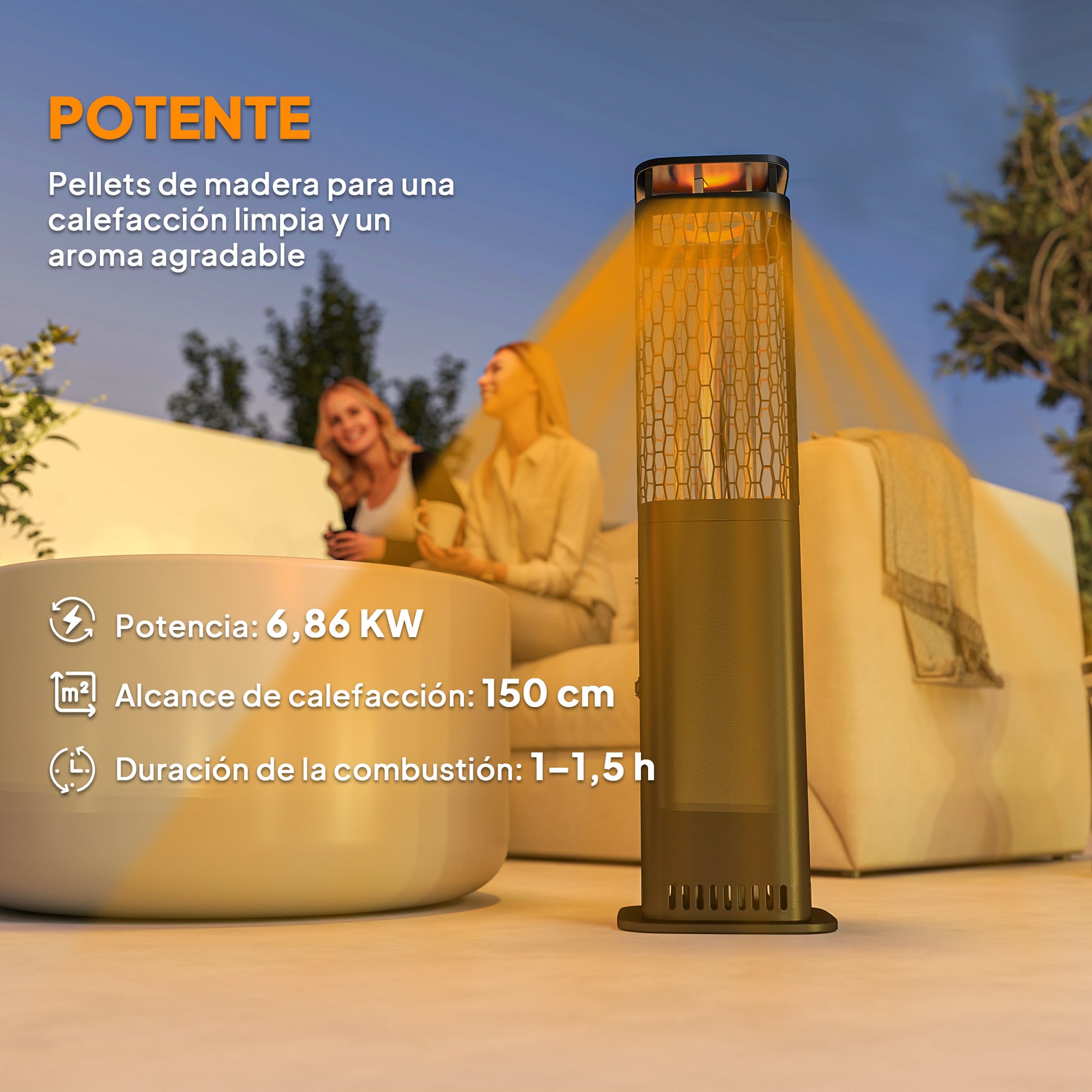 Outsunny Estufa de Pellets, 6.86 KW, sin Electricidad, Estufa Exterior con Tubo de Vidrio, Base Antideslizante y Rejilla Metálica, Calefactor de Pellets sin Humo para Jardín, Terraza, Exterior, Negro